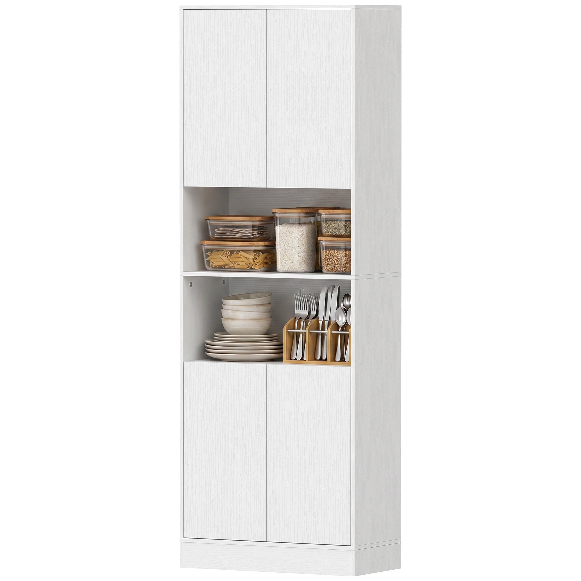 170 cm Tall Kitchen Cupboard, Pantry Storage Cabinet with Soft-Close Hinges, Freestanding Kitchen Cabinet with 2 Cupboards, 2 Open Shelves and Adjustable Shelves, White Wood Effect