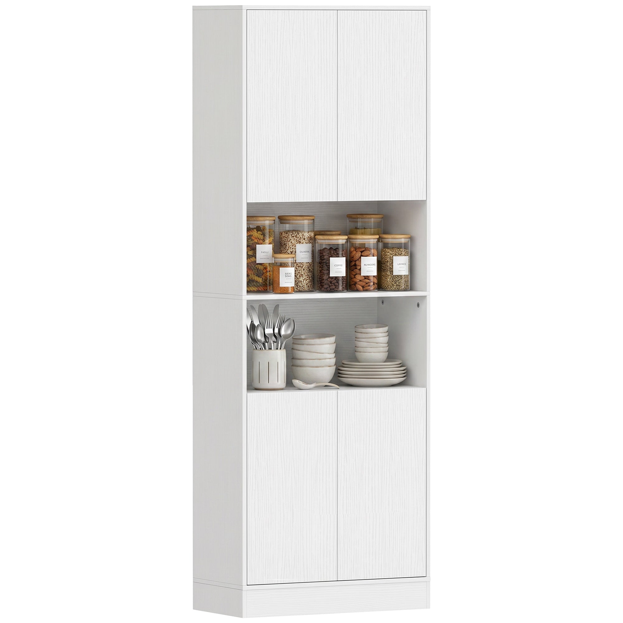 170 cm Tall Kitchen Cupboard, Pantry Storage Cabinet with Soft-Close Hinges, Freestanding Kitchen Cabinet with 2 Cupboards, 2 Open Shelves and Adjustable Shelves, White Wood Effect