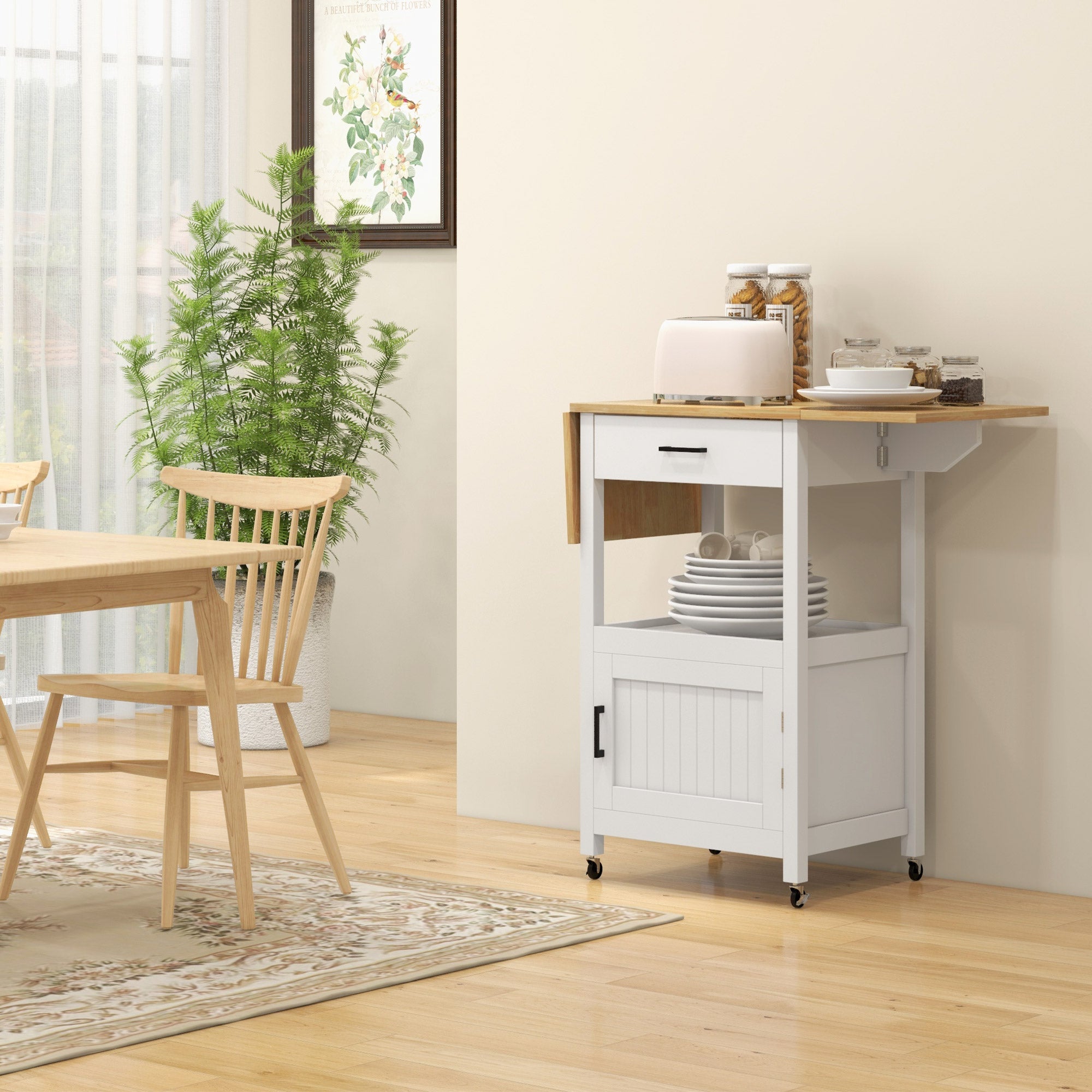 HOMCOM Modern Kitchen Cart with Storage Drawer, Wood Top Coffee Cart on Wheels, Foldable Kitchen Island with Cabinet and Shelf, White