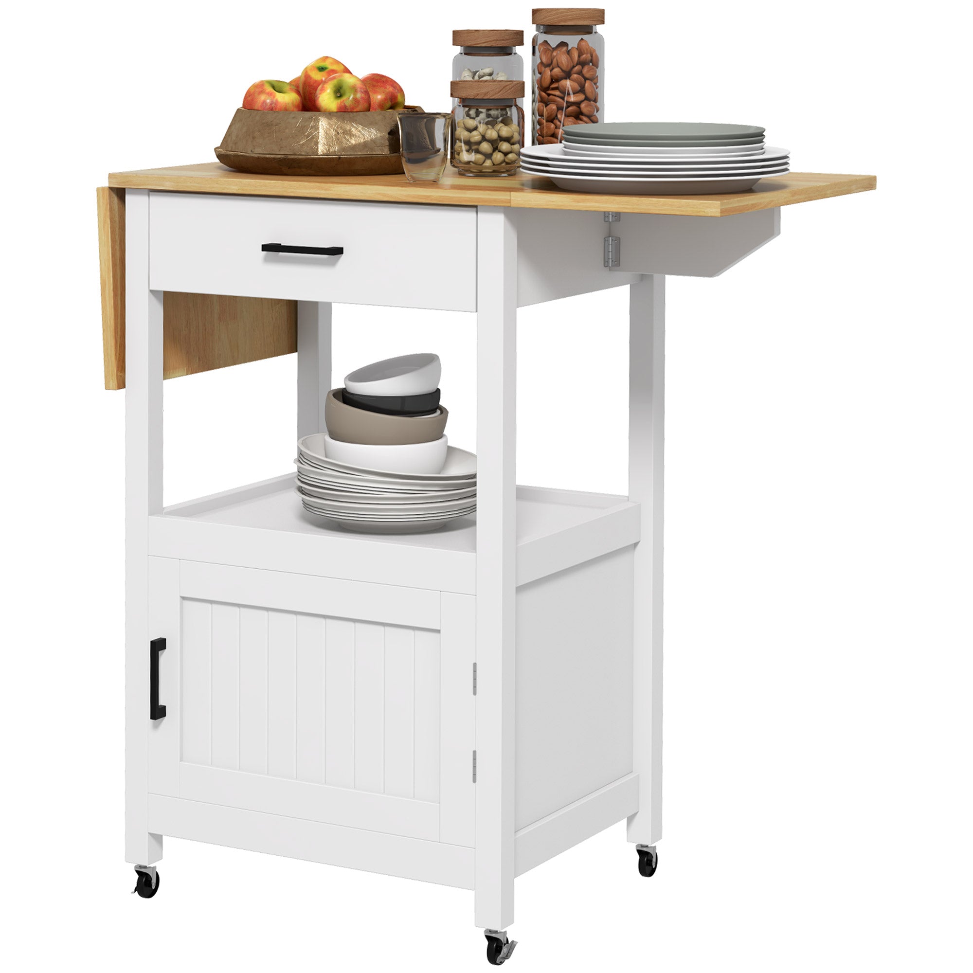 HOMCOM Modern Kitchen Cart with Storage Drawer, Wood Top Coffee Cart on Wheels, Foldable Kitchen Island with Cabinet and Shelf, White