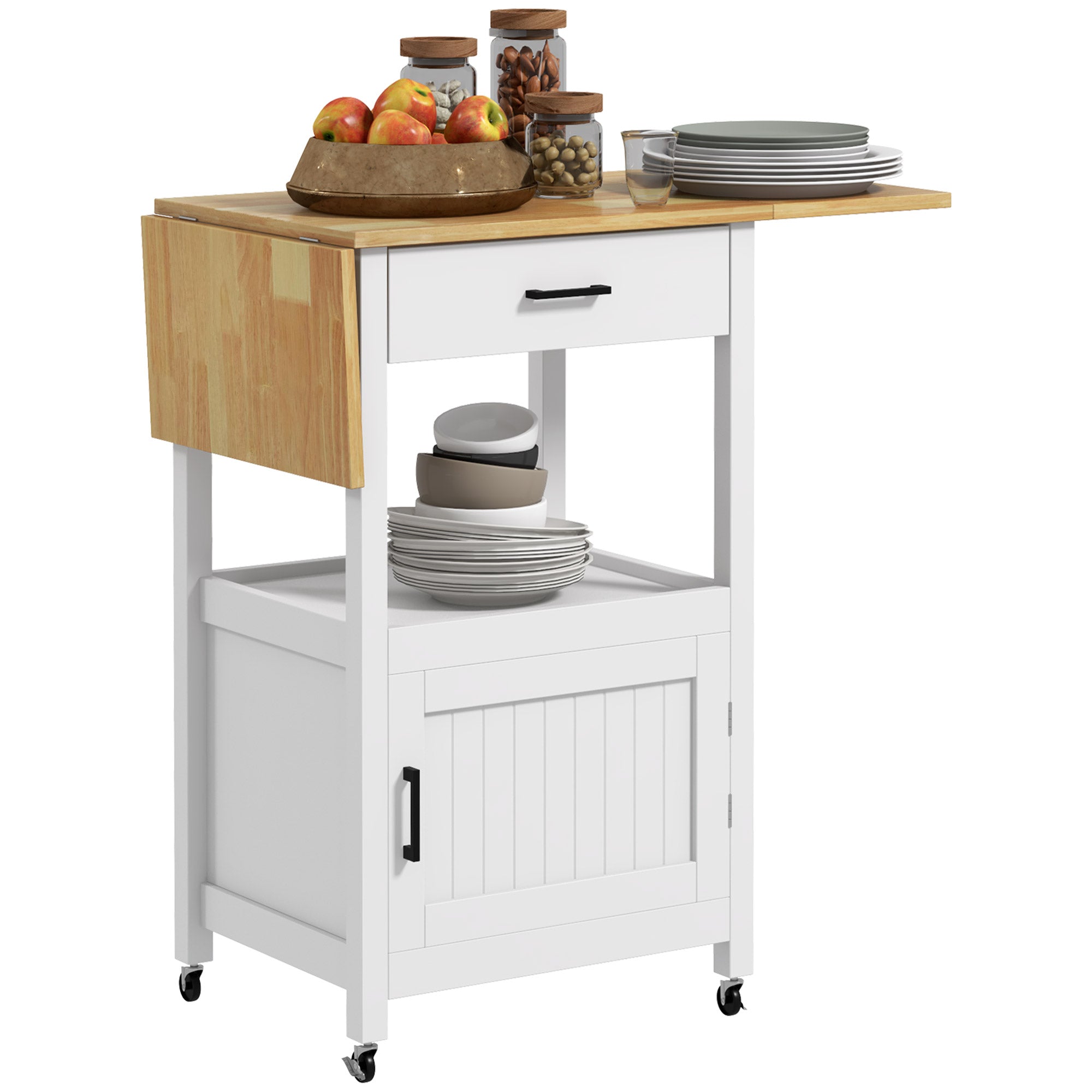 HOMCOM Modern Kitchen Cart with Storage Drawer, Wood Top Coffee Cart on Wheels, Foldable Kitchen Island with Cabinet and Shelf, White