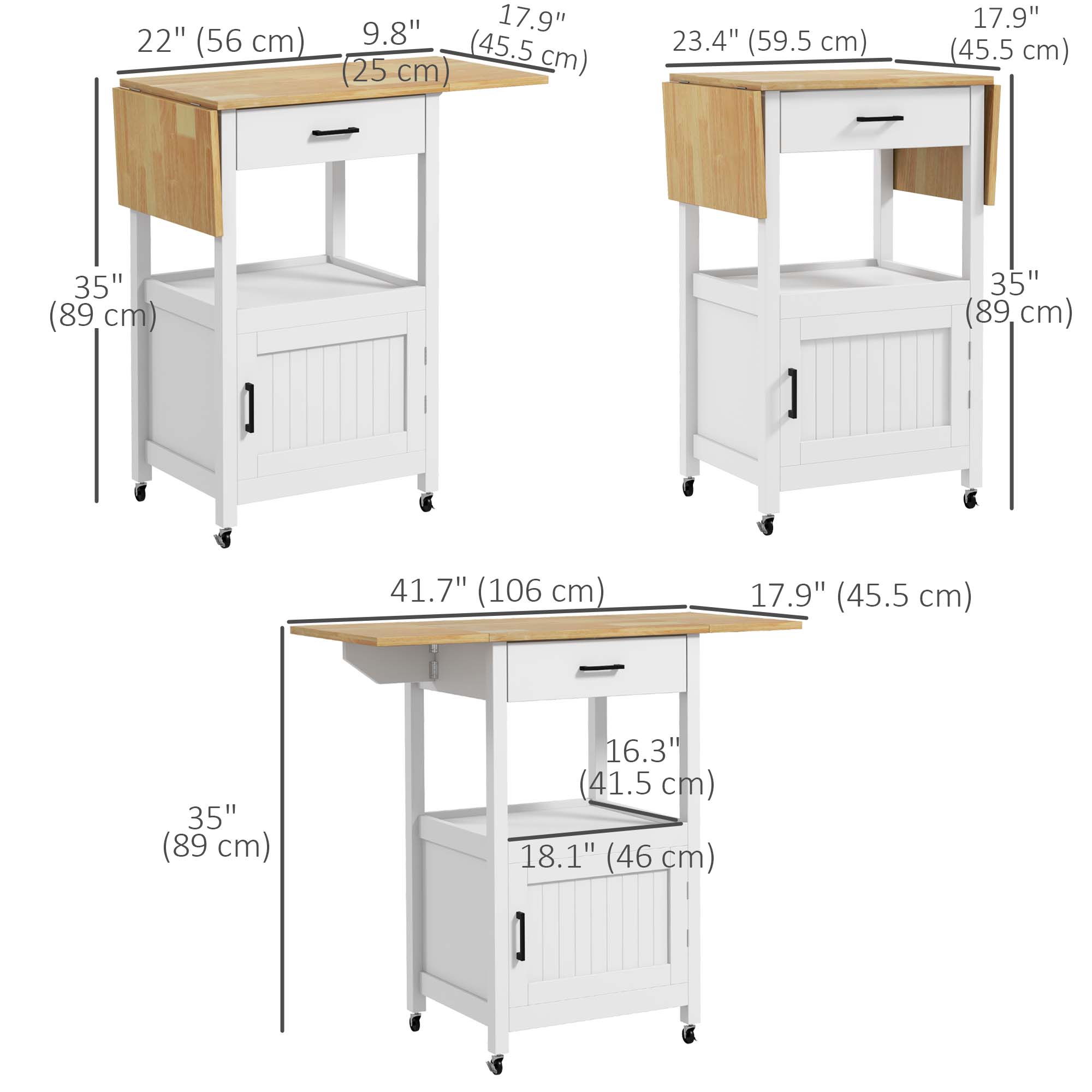 HOMCOM Modern Kitchen Cart with Storage Drawer, Wood Top Coffee Cart on Wheels, Foldable Kitchen Island with Cabinet and Shelf, White