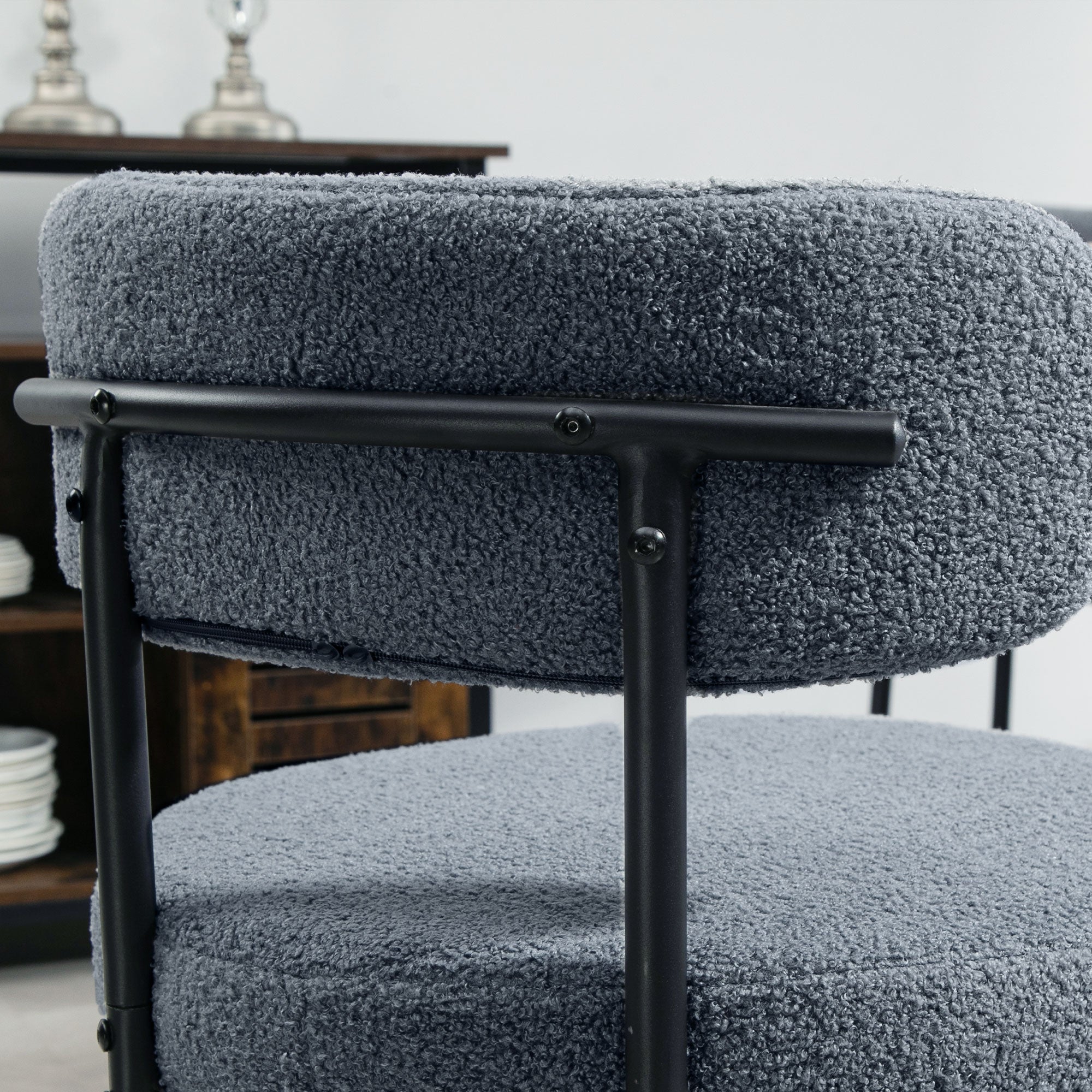 Boucle Dining Chairs Set of 4, Round Modern Upholstered Kitchen Chairs with Curved Backrest, Thick Cushion and Steel Legs for Dining Room, Gray
