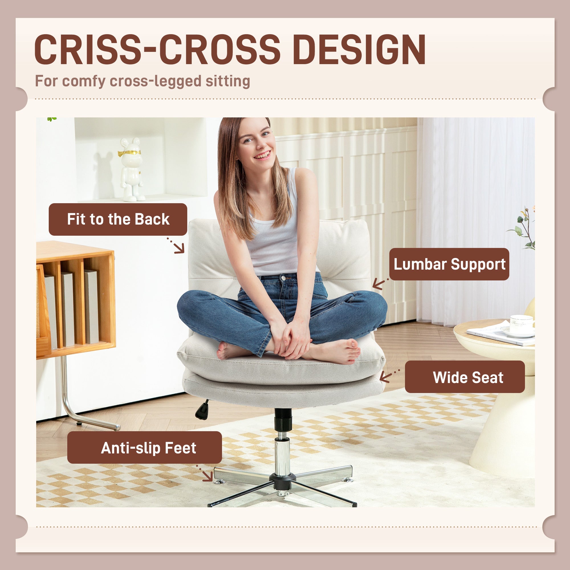 Criss Cross Chair, Microfiber Cloth Armless Office Chair with Wide Seat, Adjustable Height and Tilt Function for Home Office, Study, Light Grey