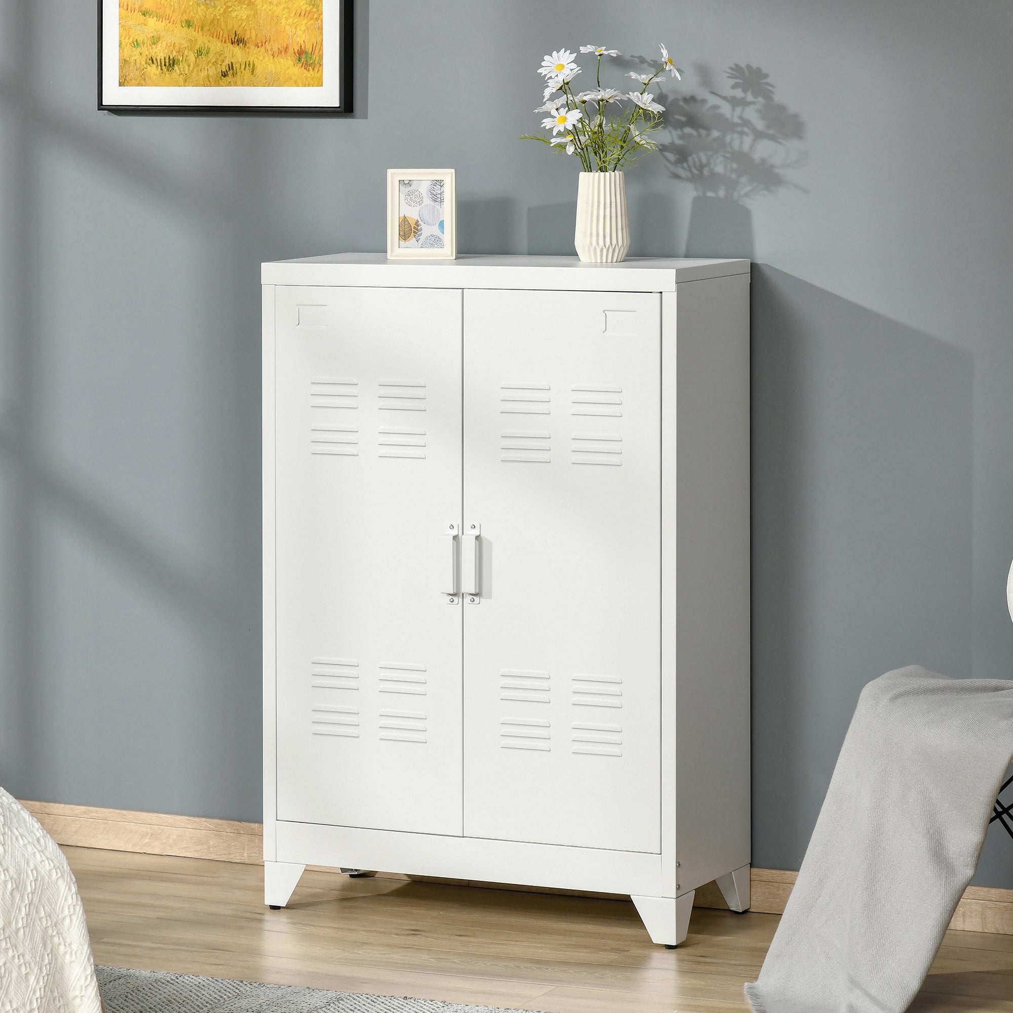 Industrial Storage Cabinet Steel Garage Cabinet with Double Doors and Adjustable Shelves White