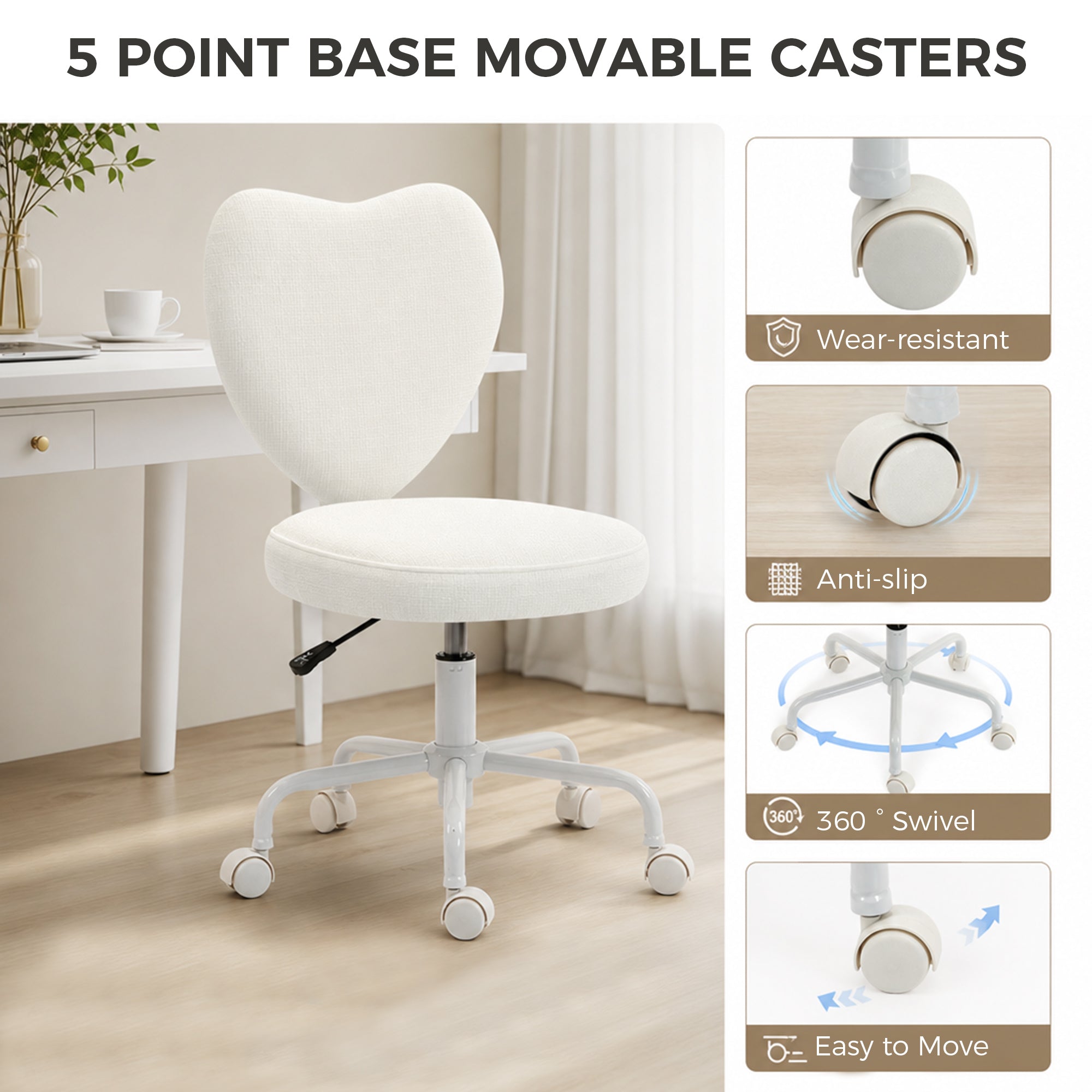 Armless Home Office Chair, Modern Fabric Makeup Vanity Chair with Heart Shape, Swivel Wheels, Height Adjustable, White