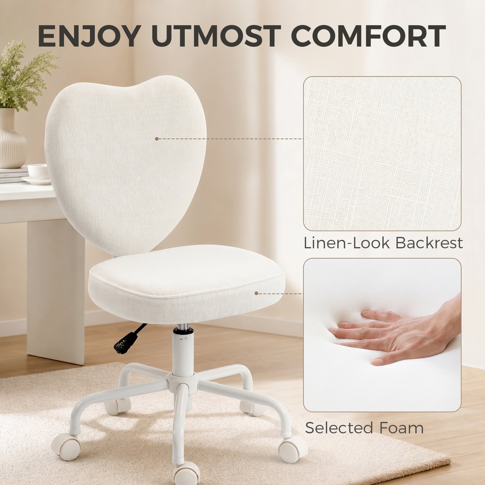 Armless Home Office Chair, Modern Fabric Makeup Vanity Chair with Heart Shape, Swivel Wheels, Height Adjustable, White