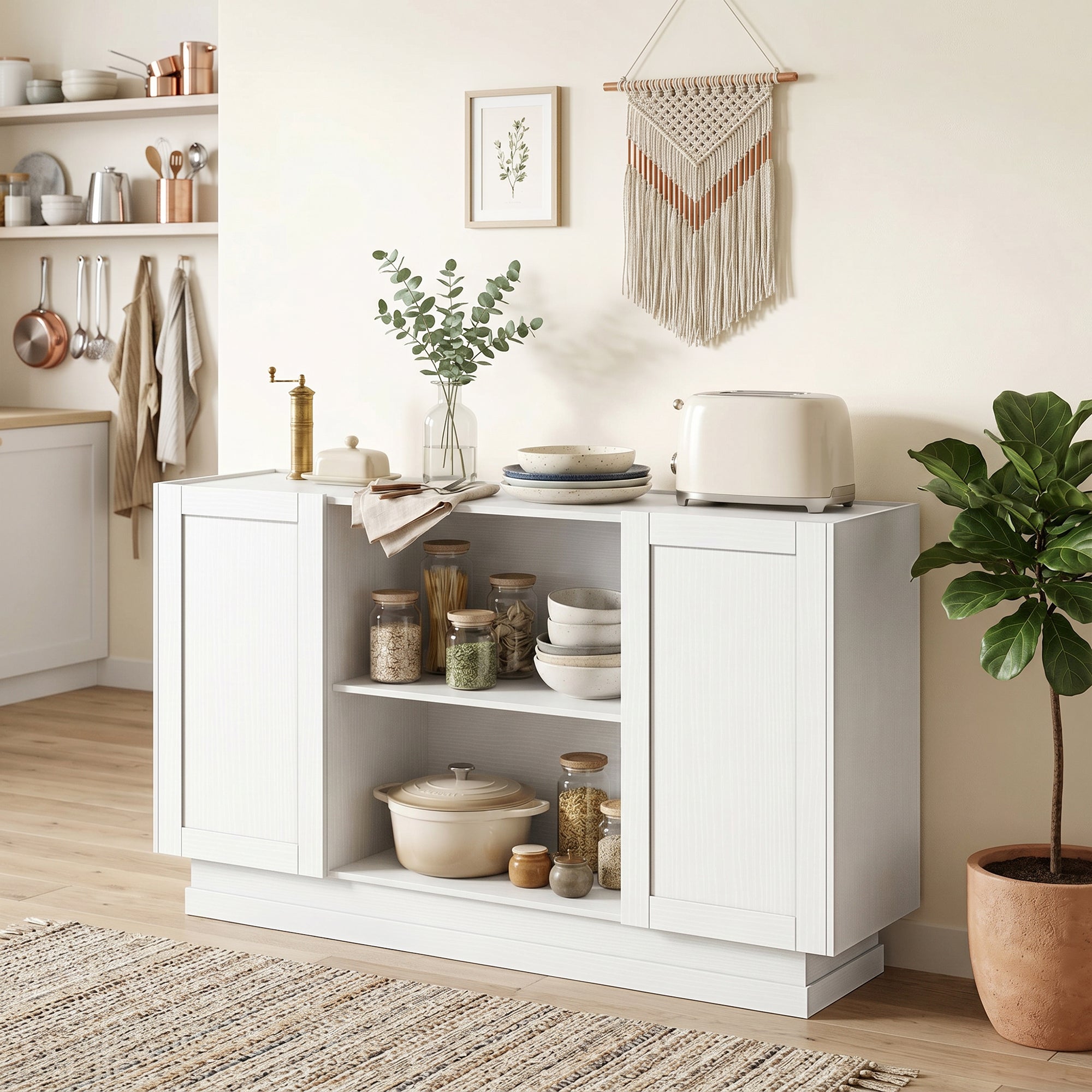Sideboard Buffet Cabinet, 133 cm Modern Farmhouse Storage Cabinet with 2 Open Shelves, 2 Cupboards and Soft Close Doors for Dining Room, Living Room, White