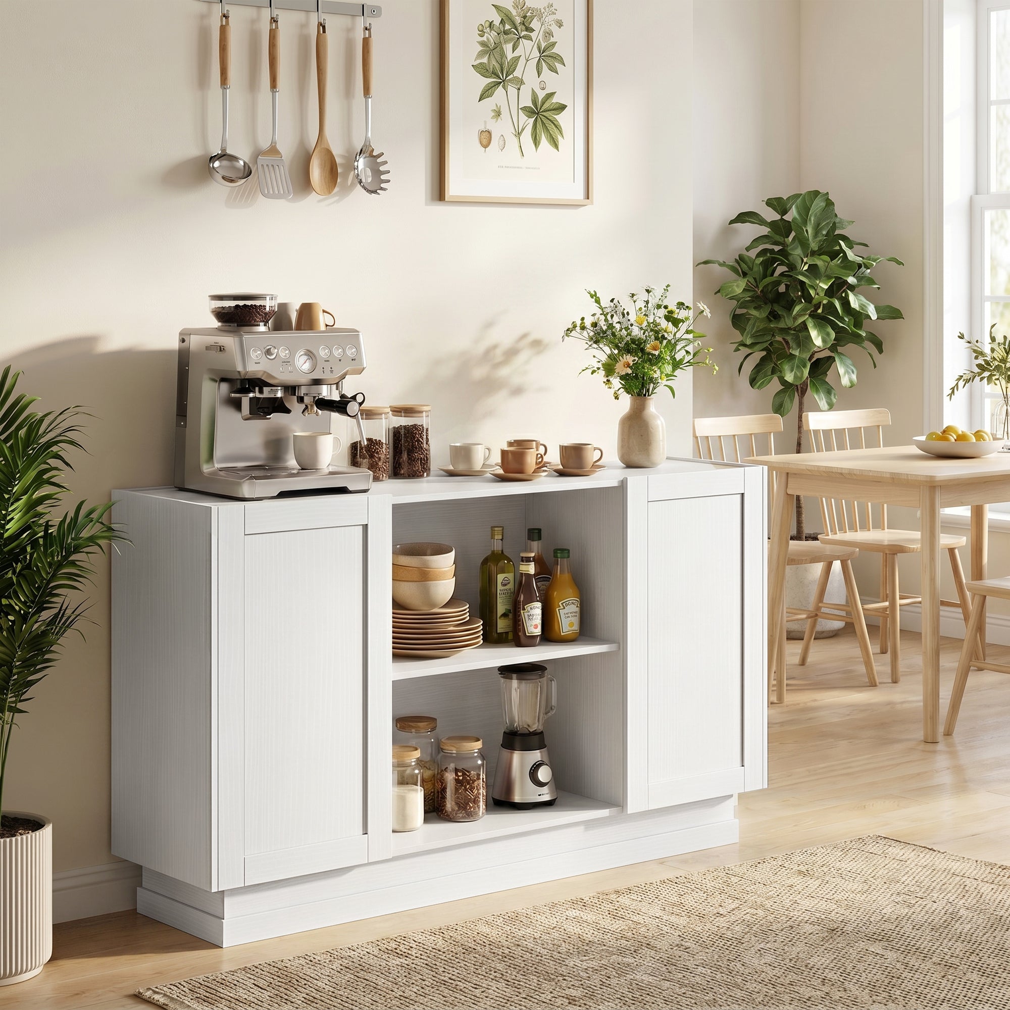 Sideboard Buffet Cabinet, 133 cm Modern Farmhouse Storage Cabinet with 2 Open Shelves, 2 Cupboards and Soft Close Doors for Dining Room, Living Room, White