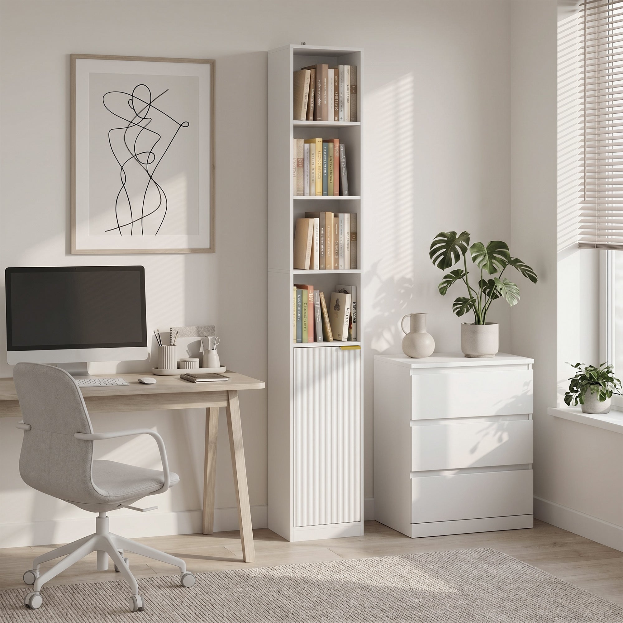 Bookcase, 6-Tier Tall Bookshelf, Open Book Shelf with Storage Cabinet and Adjustable Shelf, Anti-Tip Hardware for Living Room, Bedroom, Home Office, White Wood Effect