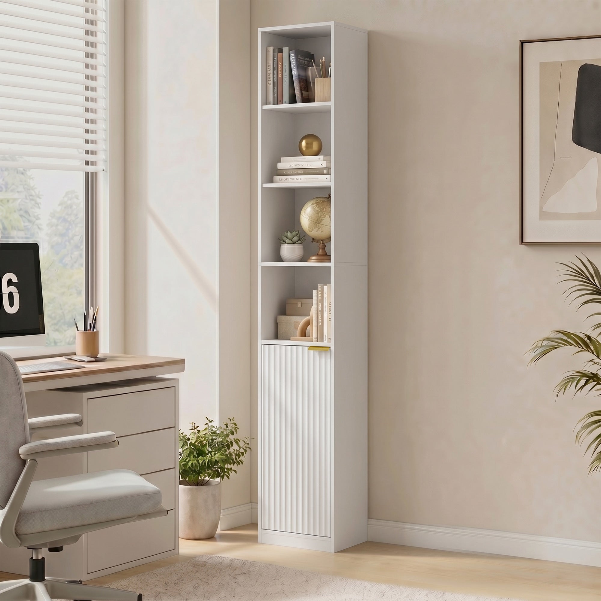 Bookcase, 6-Tier Tall Bookshelf, Open Book Shelf with Storage Cabinet and Adjustable Shelf, Anti-Tip Hardware for Living Room, Bedroom, Home Office, White Wood Effect