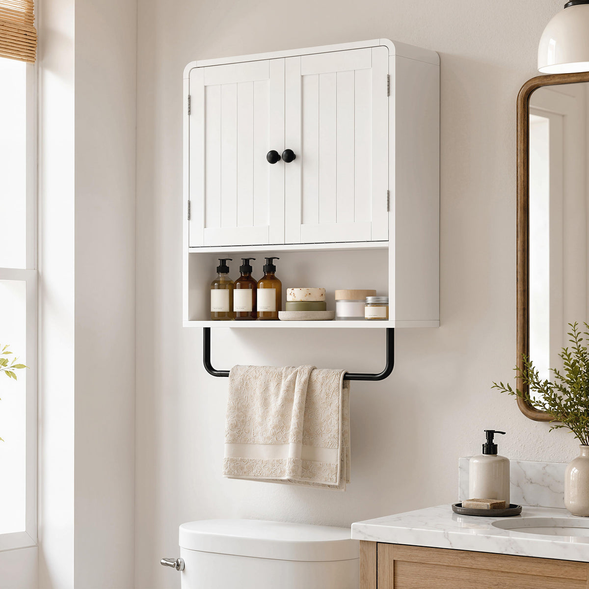 Bathroom Wall Cabinet, Wall Mounted Bathroom Cabinet with 2 Doors, Open Shelf, Towel Bar and Adjustable Shelf Storage for Toilet, Laundry, White