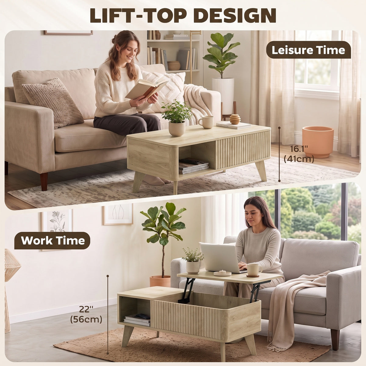 40" Fluted Lift Top Coffee Table with Storage, Mid-Century Modern Coffee Table with Hidden Compartment, Open Shelf and Rounded Corners for Living Room, Oak