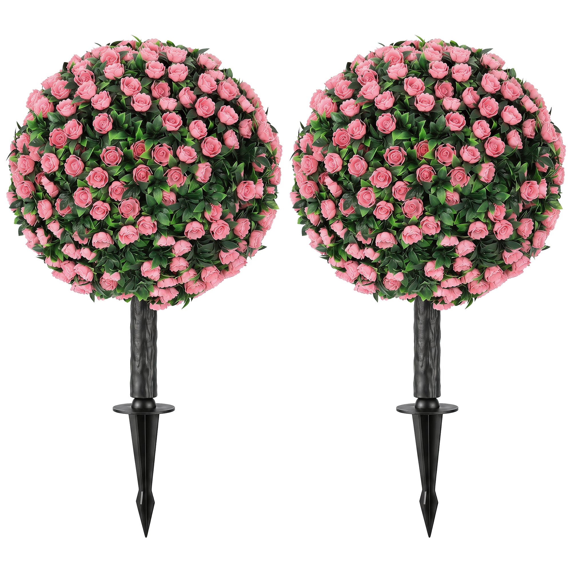 Set of 2 55 cm Artificial Rose Topiary with Ground Stake, UV-Resistant Fake Plants with 306 Roses and Leaves for Indoor Outdoor Home Office Garden Decor, Pink