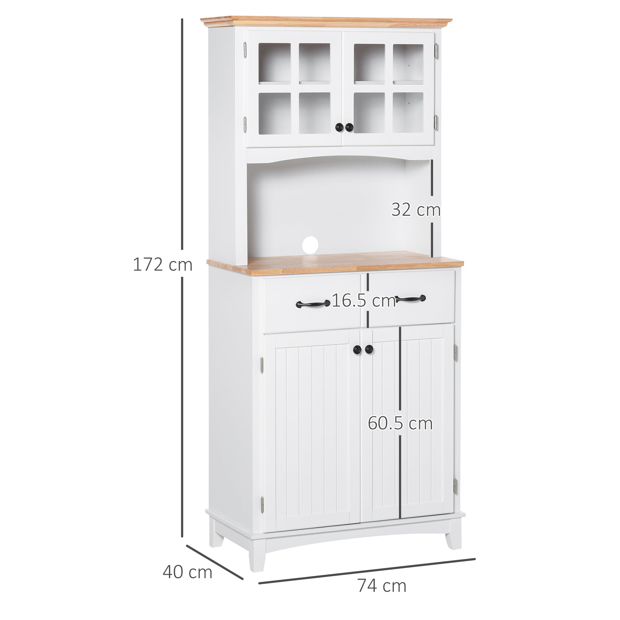Freestanding Kitchen Cupboard, Kitchen Storage Cabinet with Framed Glass Doors, 2 Drawers, Microwave Counter, 172cm, White
