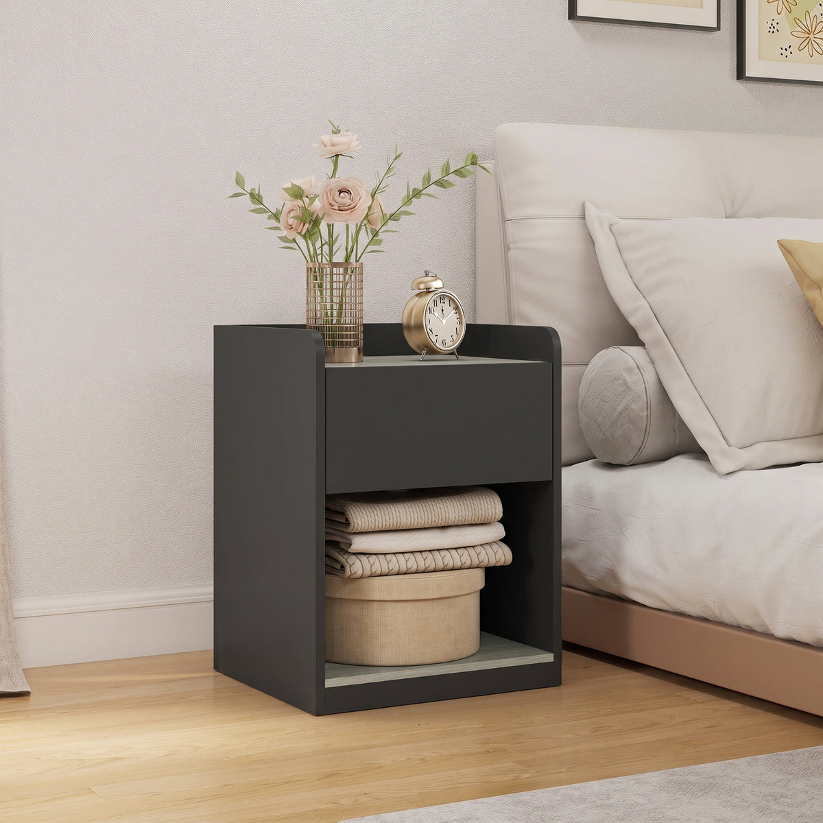 Modern Bedside Table, Slim Nightstand with Drawer, Shelf and Cable Holes, Bedside Cabinet for Bedroom, Living Room, Black and Grey Wood Effect