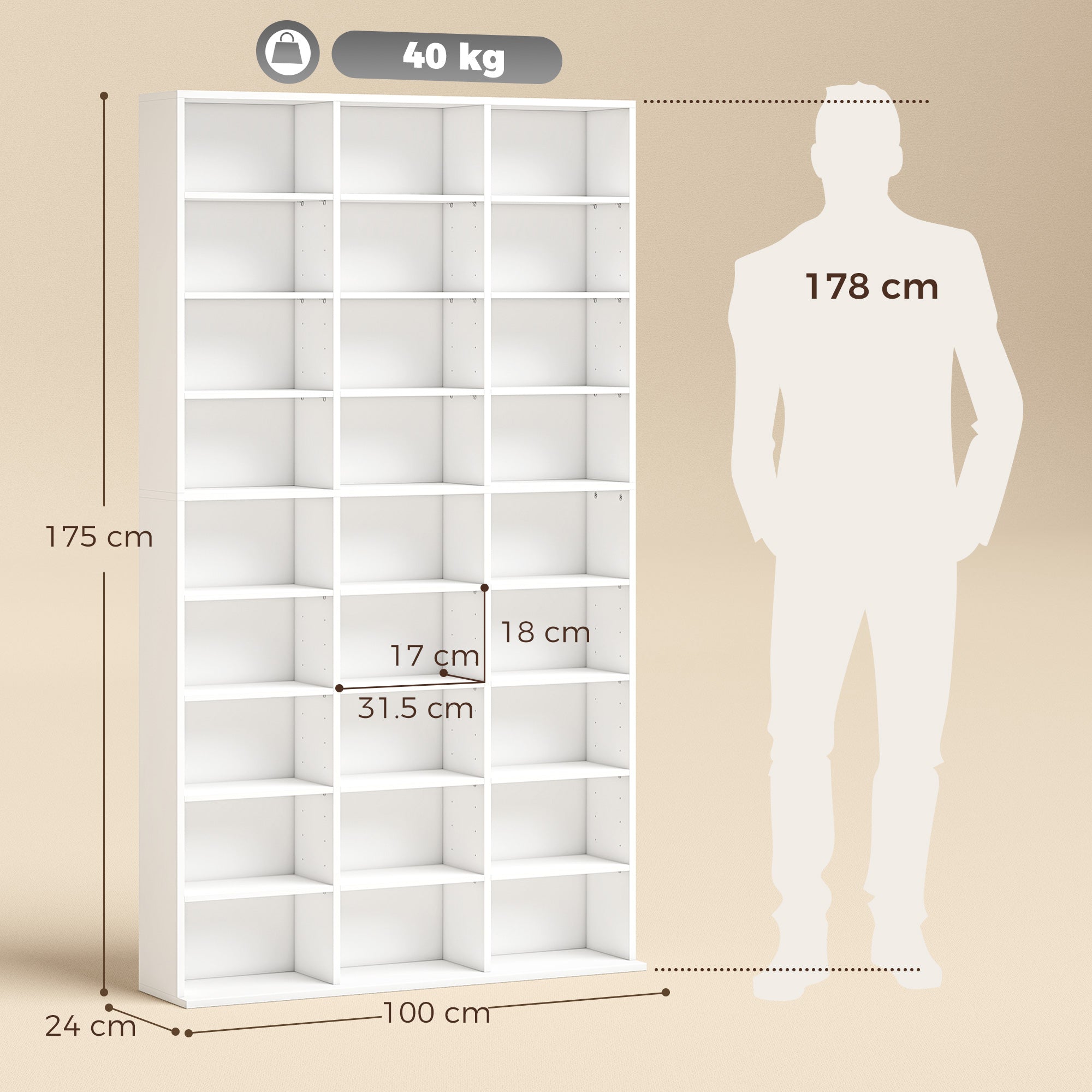 835 CD/500 DVD Storage Unit, Blu-ray Media Storage Shelf with 27 Compartments and 21 Adjustable Shelves, CD Tower for Living Room, Bedroom, Office, White