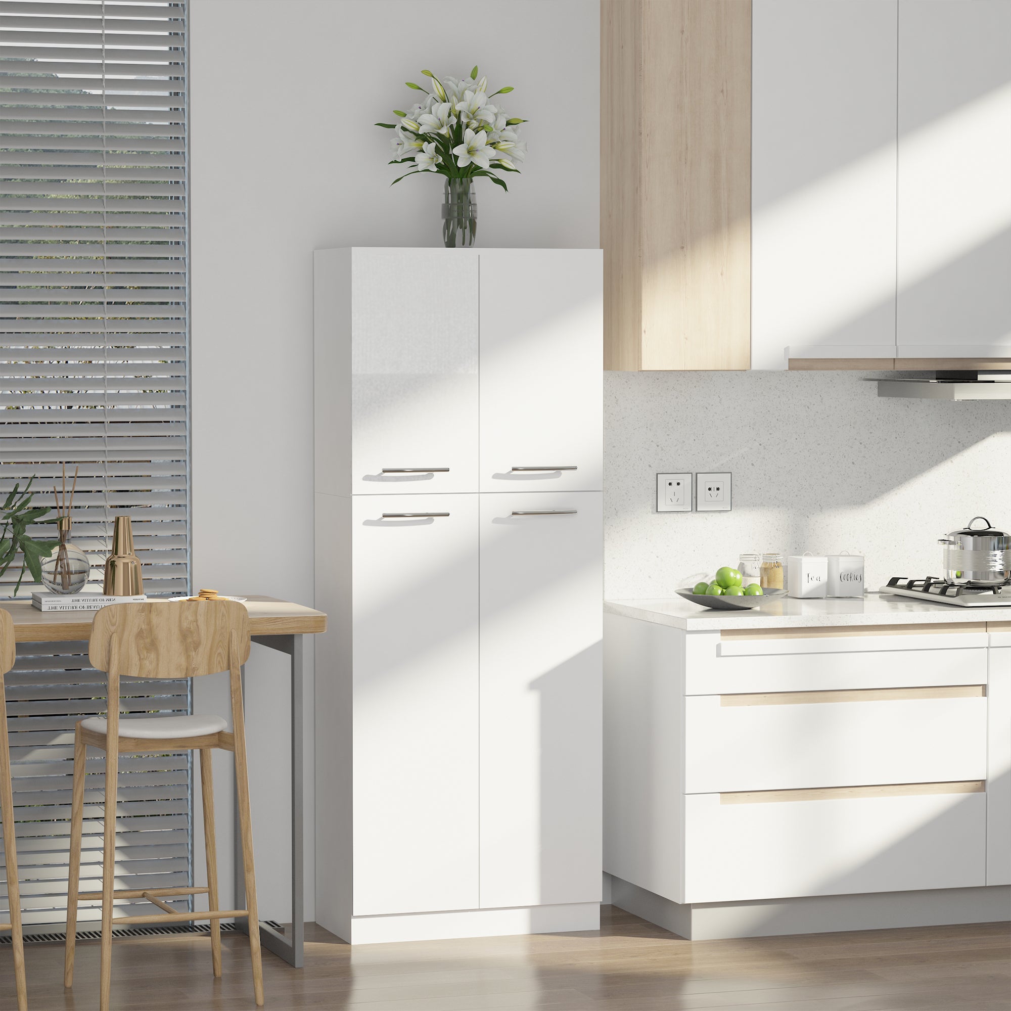 61" Pantry Cabinet, Kitchen Pantry Storage Cabinet with 2 Doors and Adjustable Shelves, Freestanding Storage Cabinet, White