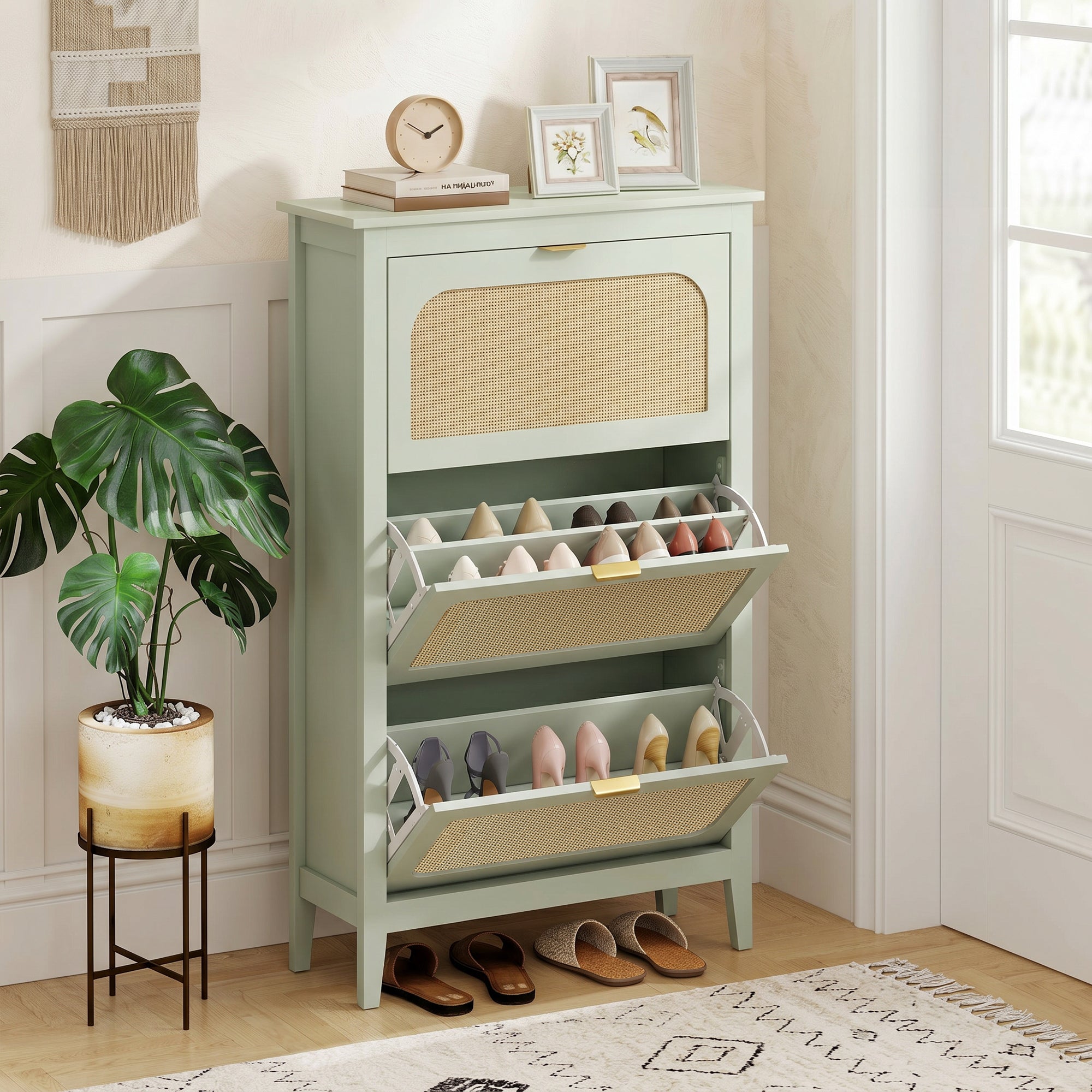 Shoe Storage Cabinet with 3 Flip Drawers, Boho Slim Shoe Cabinet with Rattan Doors for Entryway, Hallway, Holds 21 Pairs, Light Green