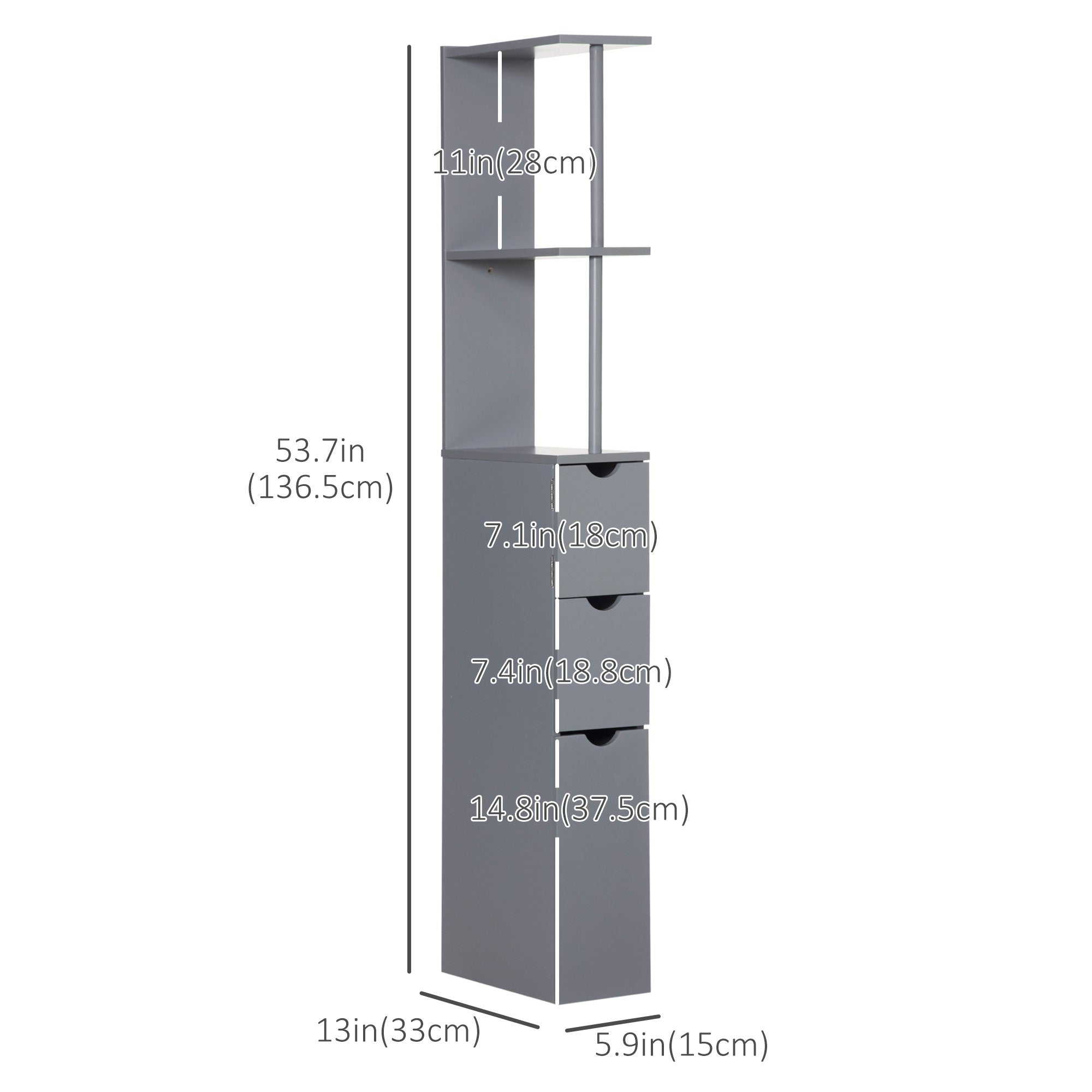 HOMCOM Narrow Bathroom Cabinet, Slim Bathroom Storage Cabinet with Drawers, Cabinet and Open Shelves, Linen Cabinet Space Saving, Grey