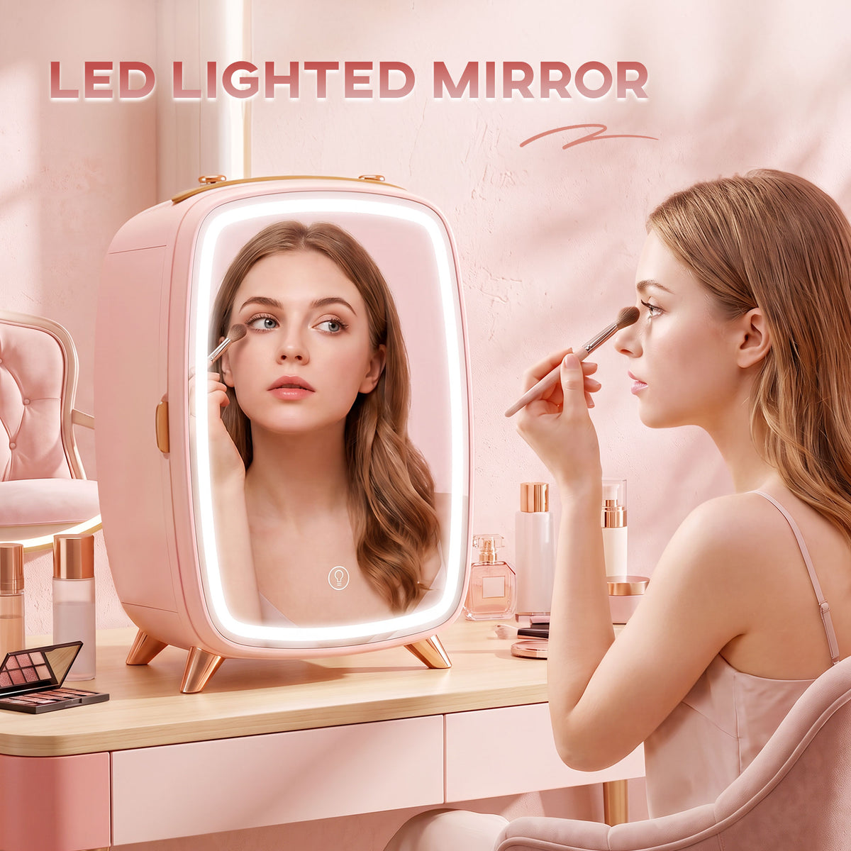 6L Mini Cosmetic Fridge with LED Mirror, Cooling Function, Skincare Refrigerator for Bedroom, Skincare, Office, Pink