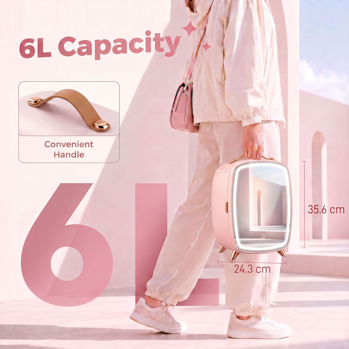 6L Mini Cosmetic Fridge with LED Mirror, Cooling Function, Skincare Refrigerator for Bedroom, Skincare, Office, Pink