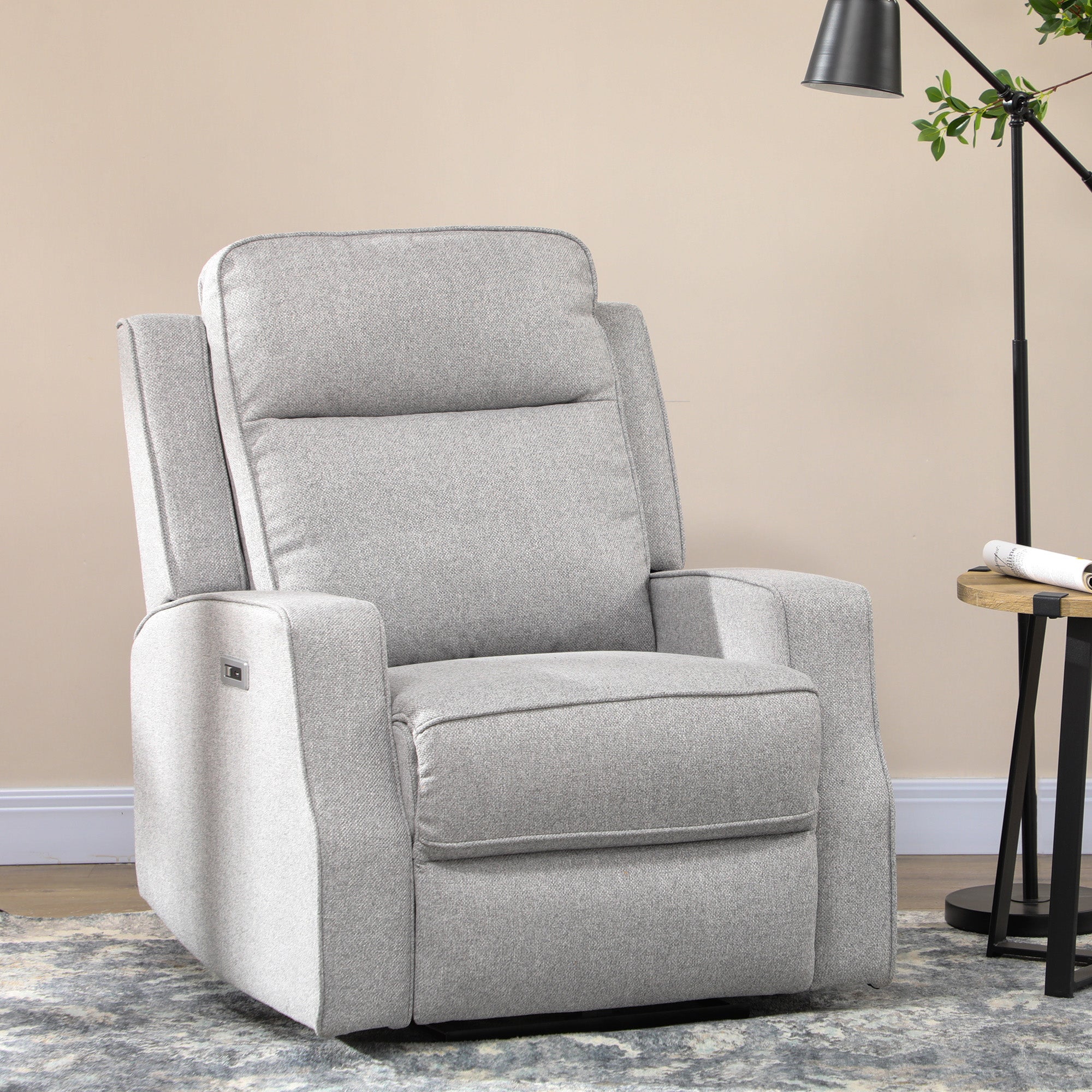 Electric Power Recliner Wall Hugger Armchair with USB Charging Station Linen Upholstered Seat Gray