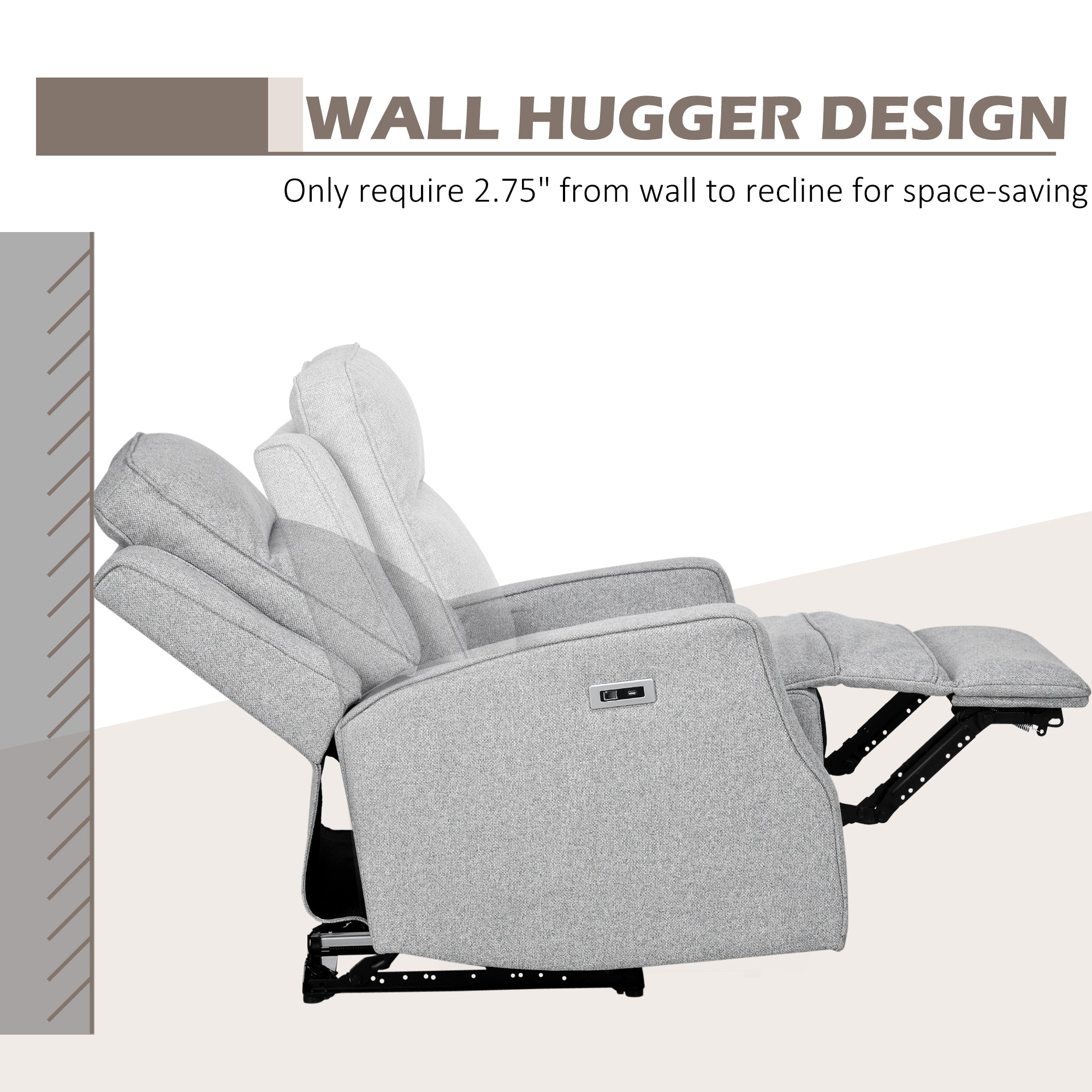 Electric Power Recliner Wall Hugger Armchair with USB Charging Station Linen Upholstered Seat Gray