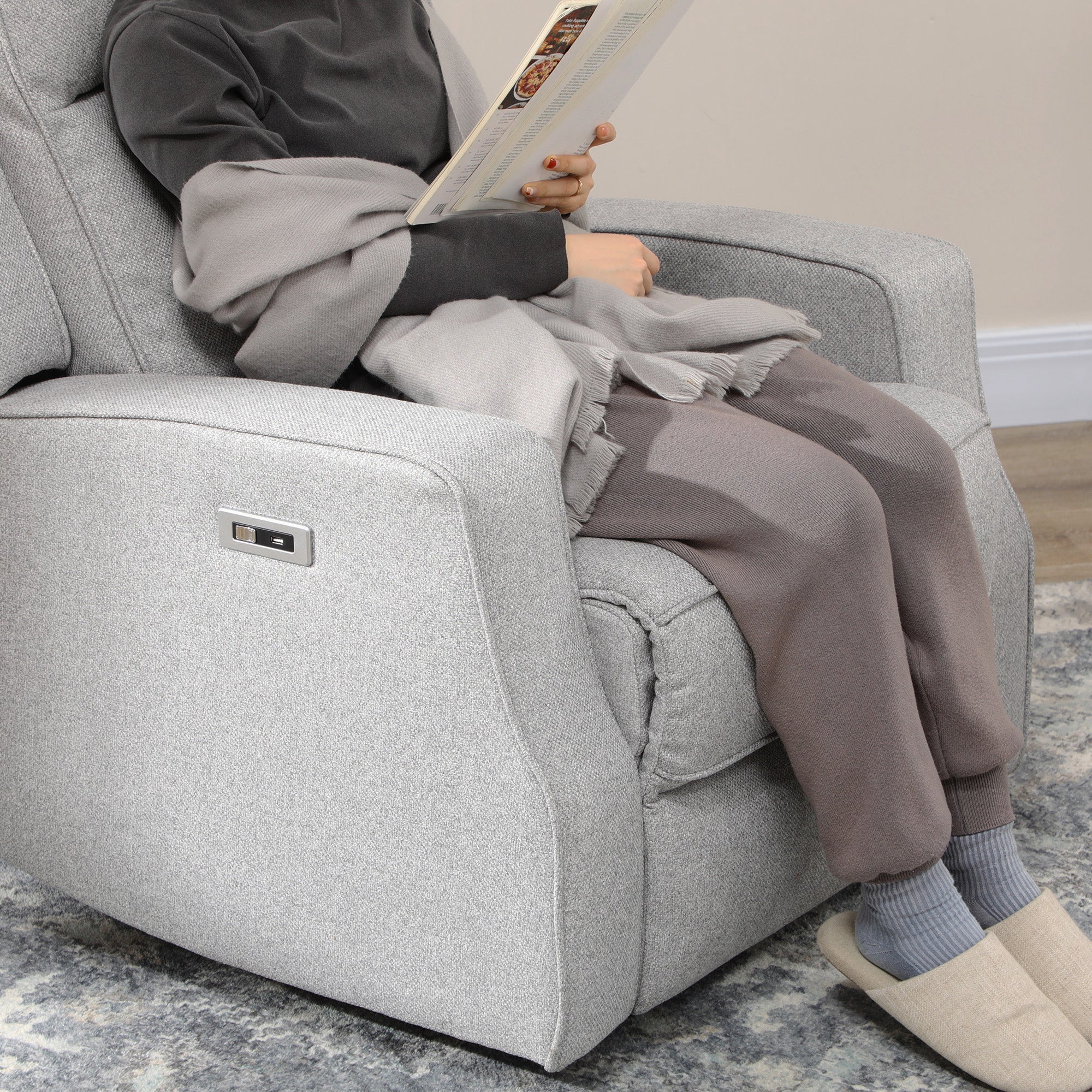 Electric Power Recliner Wall Hugger Armchair with USB Charging Station Linen Upholstered Seat Gray