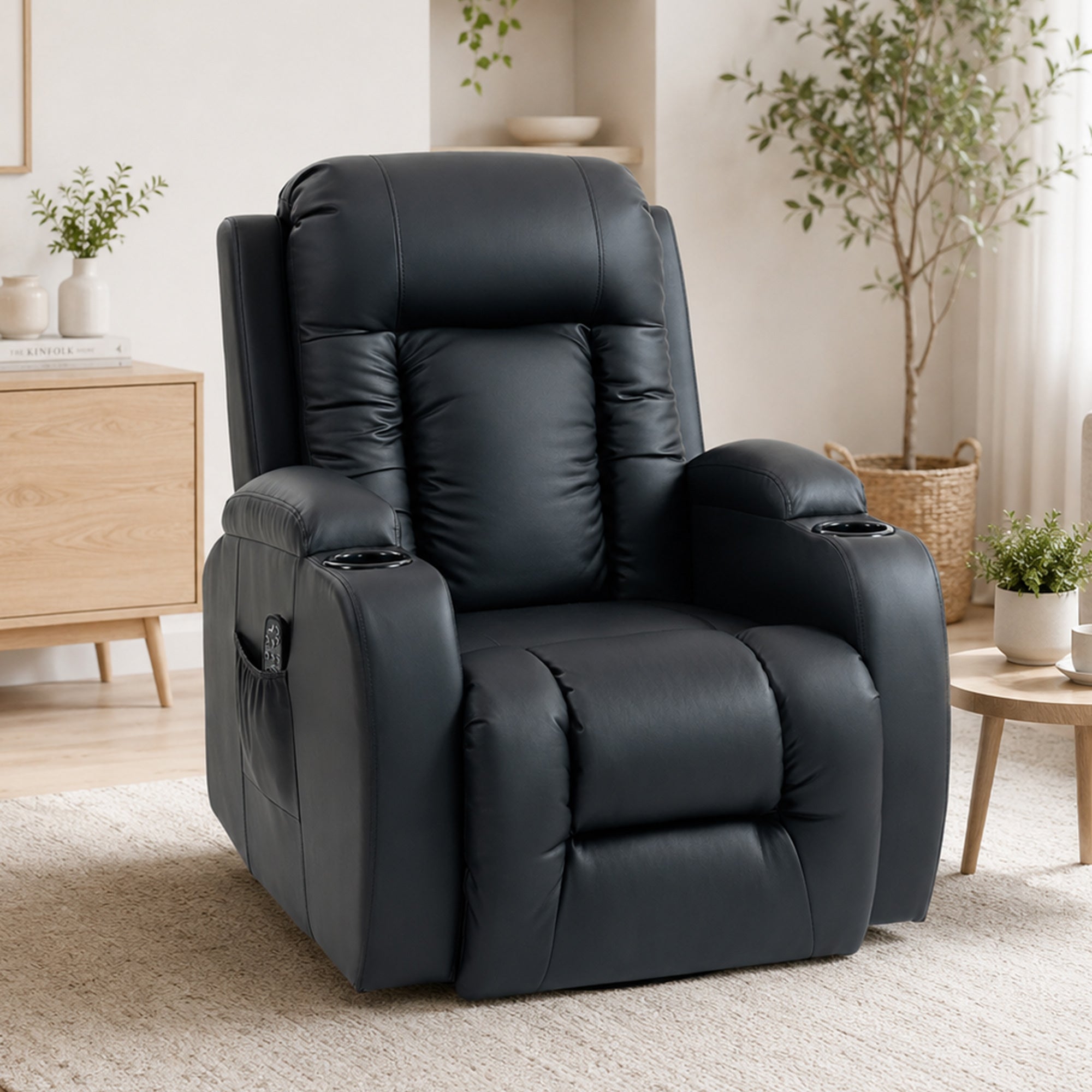 Recliner Armchair with Massage & Heat, PU Leather Recliner Chair with Extended Footrest, Cup Holders and Side Pockets, Swivel Rocking Manual Reclining Chair for Living Room, Black