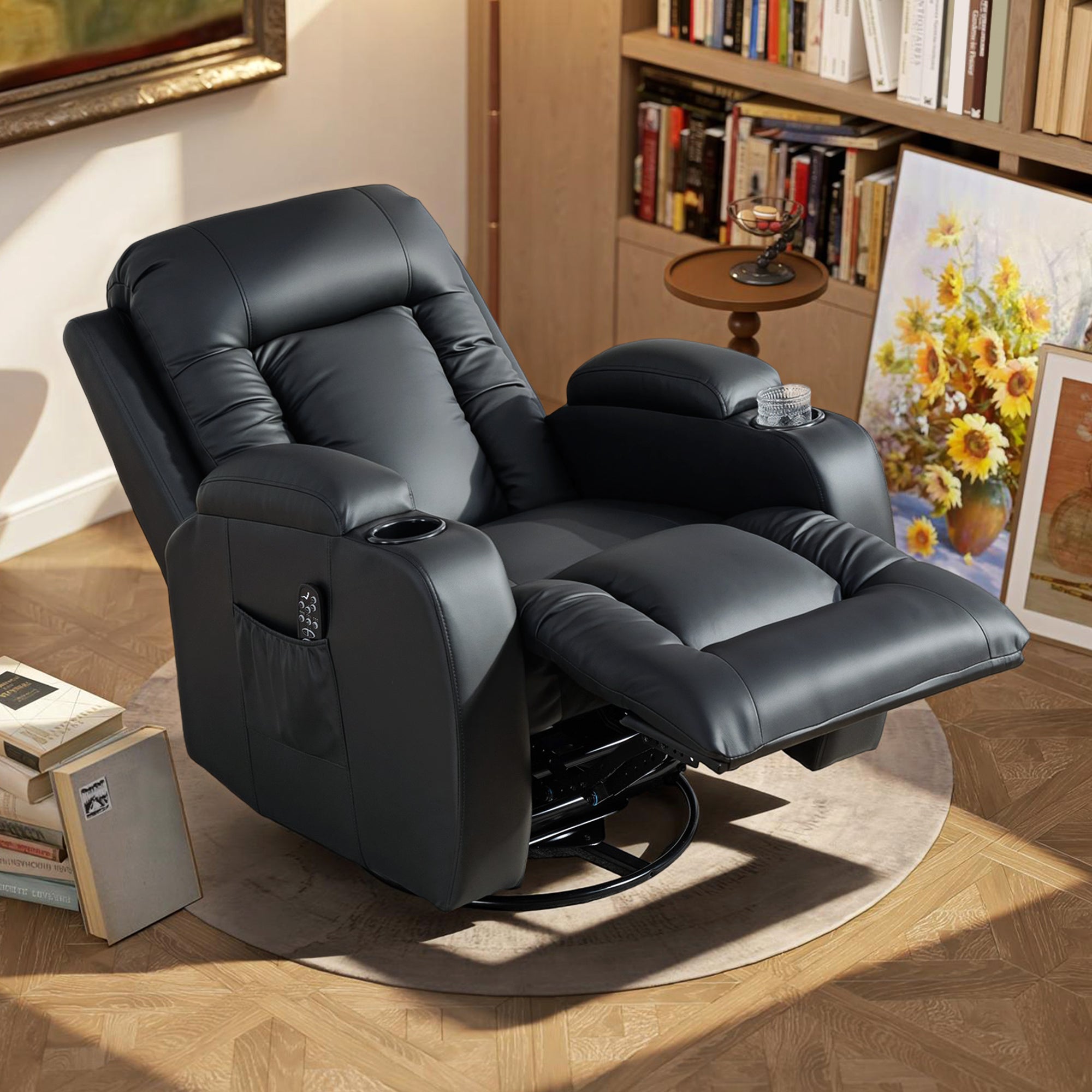 Recliner Armchair with Massage & Heat, PU Leather Recliner Chair with Extended Footrest, Cup Holders and Side Pockets, Swivel Rocking Manual Reclining Chair for Living Room, Black