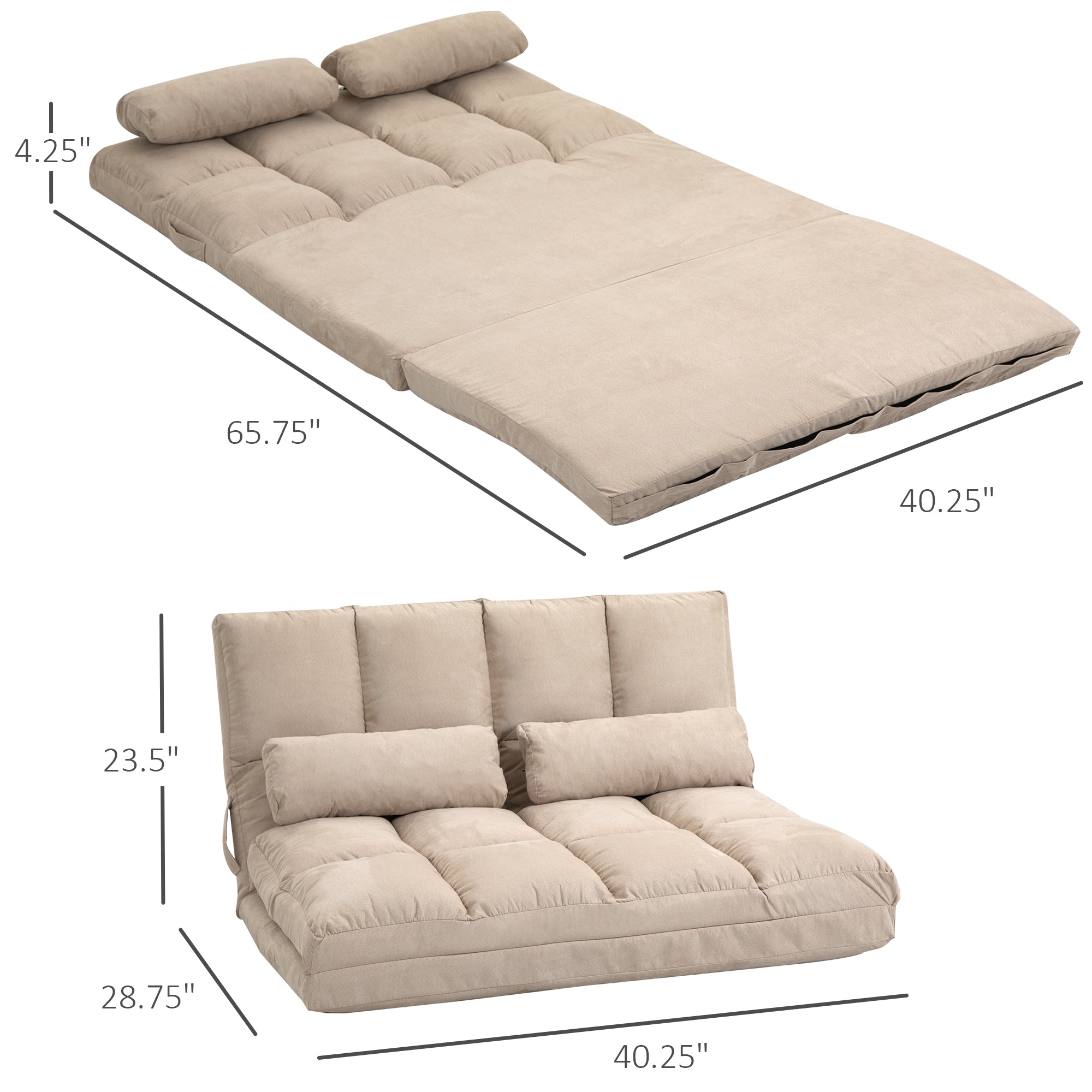 Convertible Floor Sofa Chair, Folding Couch Bed, Guest Chaise Lounge with 2 Pillows, Adjustable Backrest and Headrest, 40.25" L, Beige