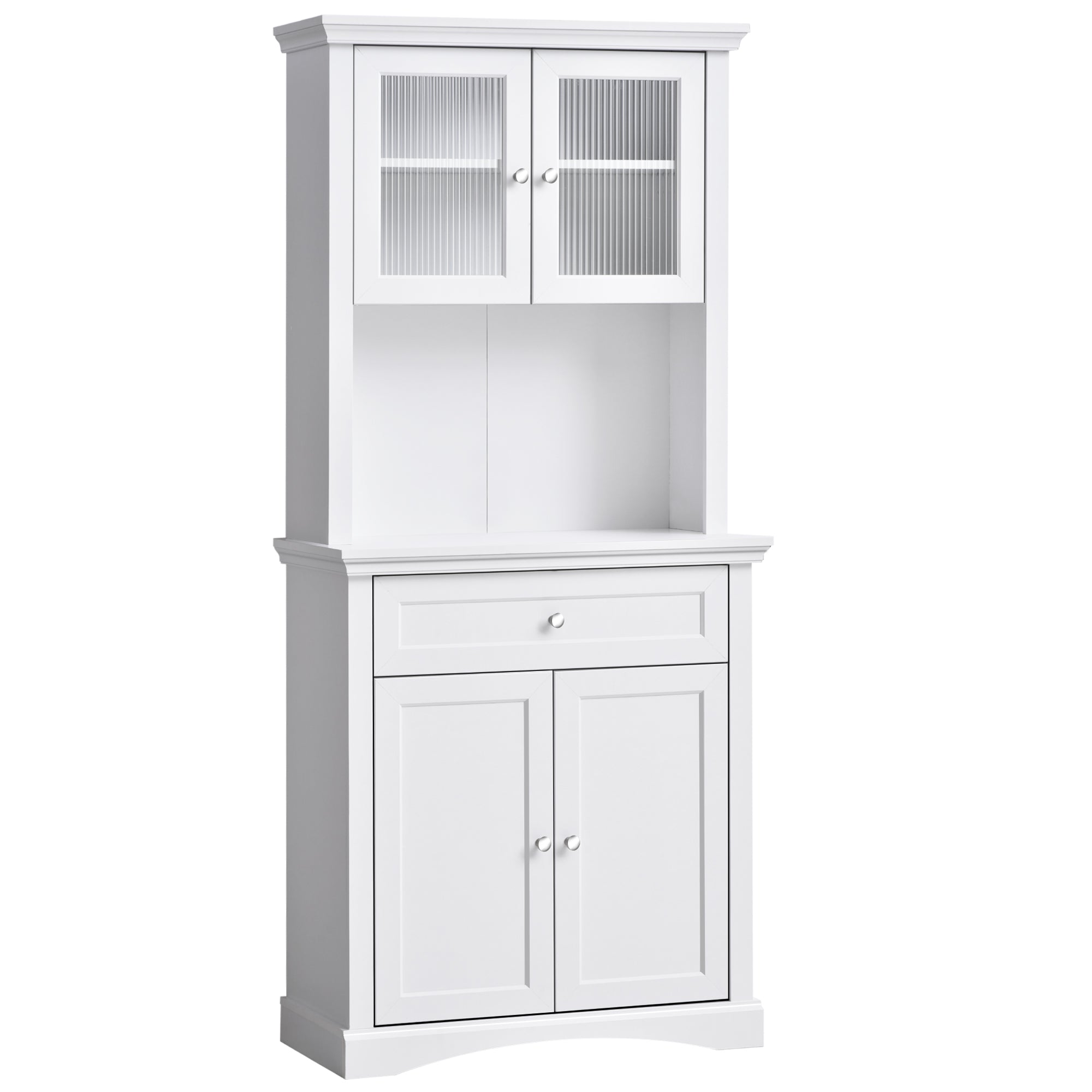 HOMCOM 71" Tall Kitchen Pantry Storage Cabinet, Freestanding Buffet Hutch with Glass Doors, Drawer, Microwave Space and Adjustable Shelves, White