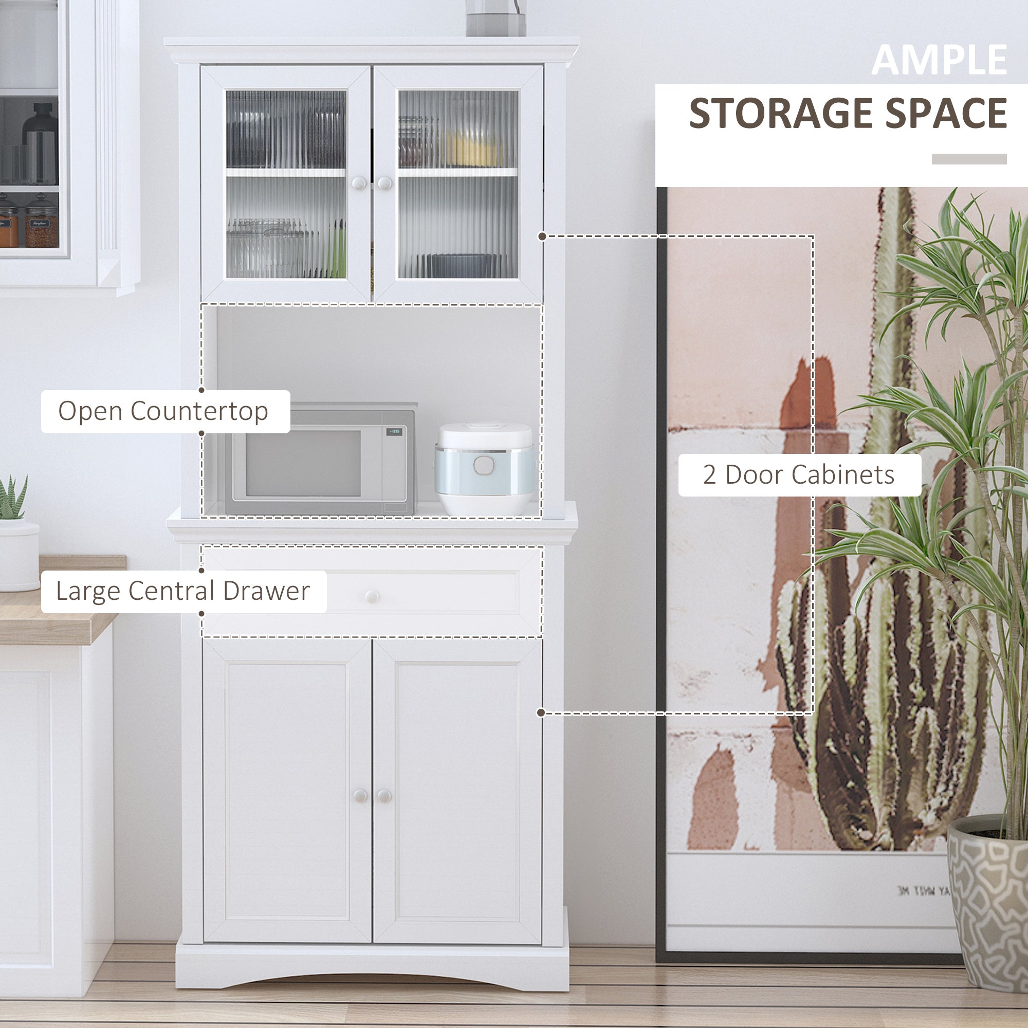 HOMCOM 71" Tall Kitchen Pantry Storage Cabinet, Freestanding Buffet Hutch with Glass Doors, Drawer, Microwave Space and Adjustable Shelves, White