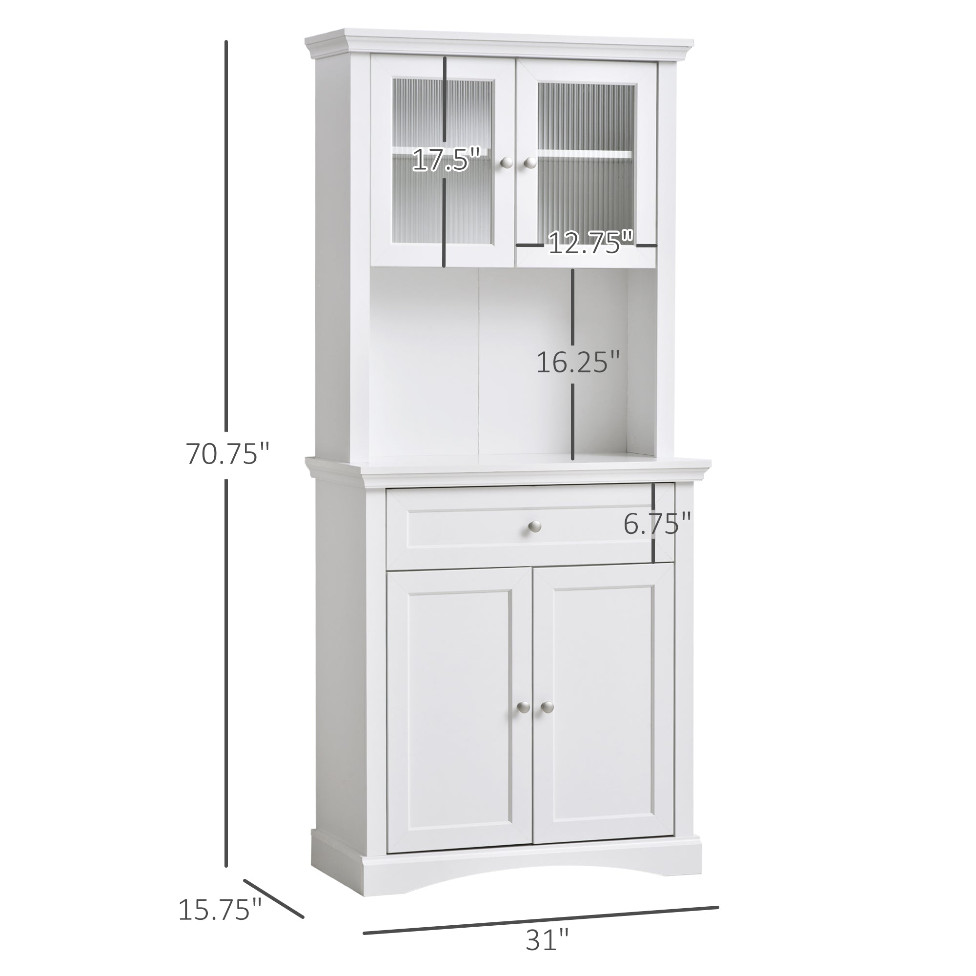 HOMCOM 71" Tall Kitchen Pantry Storage Cabinet, Freestanding Buffet Hutch with Glass Doors, Drawer, Microwave Space and Adjustable Shelves, White