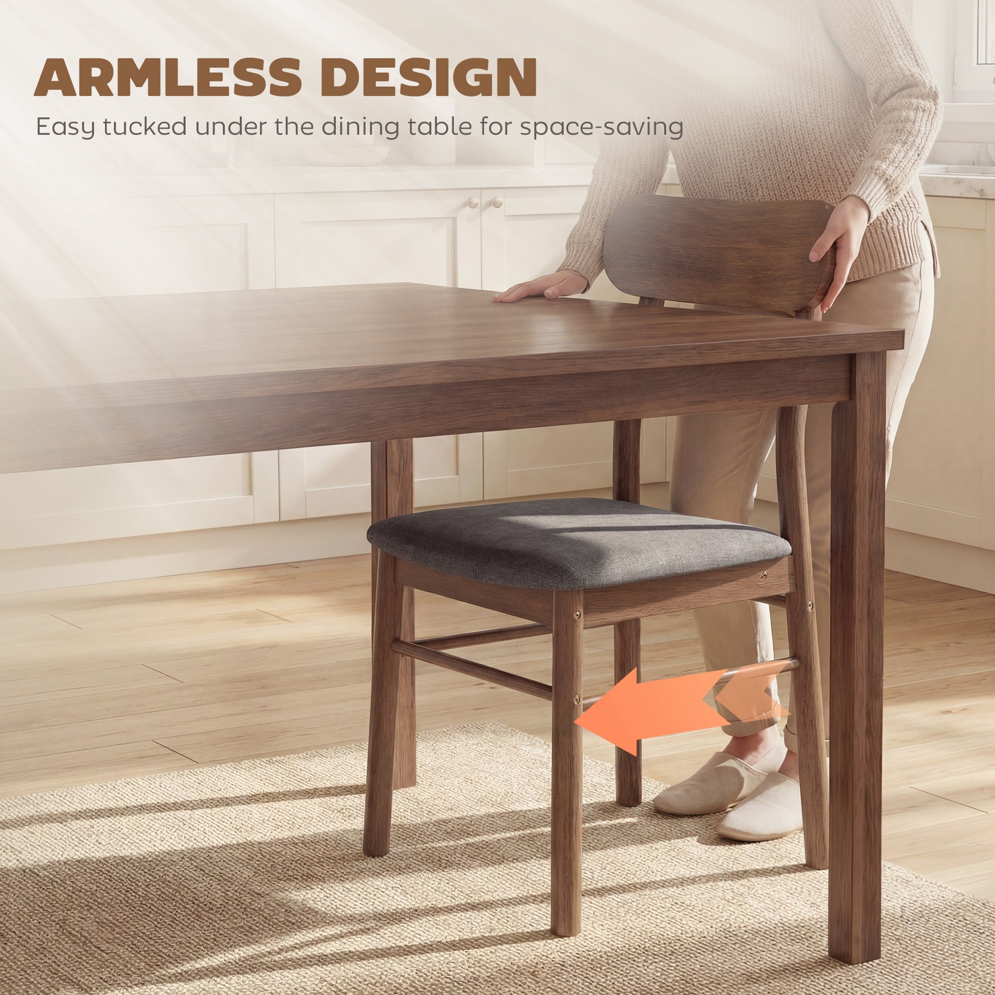 Mid-Century Modern Wooden Dining Chairs Set of 2, Upholstered Kitchen Chairs with Rubberwood Legs, Curved Backrest and Padded Seat for Dining Room, Gray