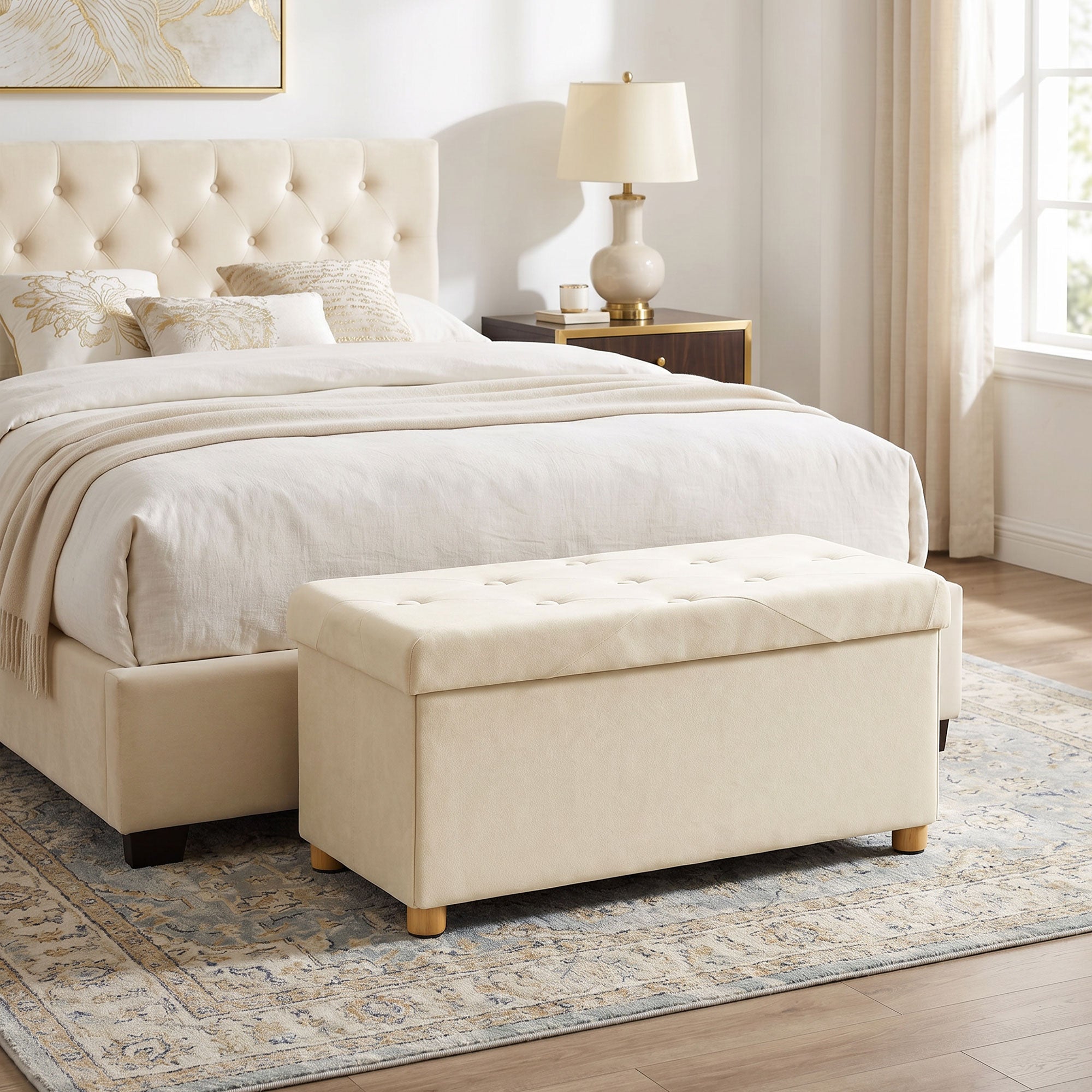 Storage Ottoman Bench, Velvet Upholstered Foldable Ottoman Footrest, Foot Stool with Wood Legs for Living Room, Bedroom, Entryway, Cream White