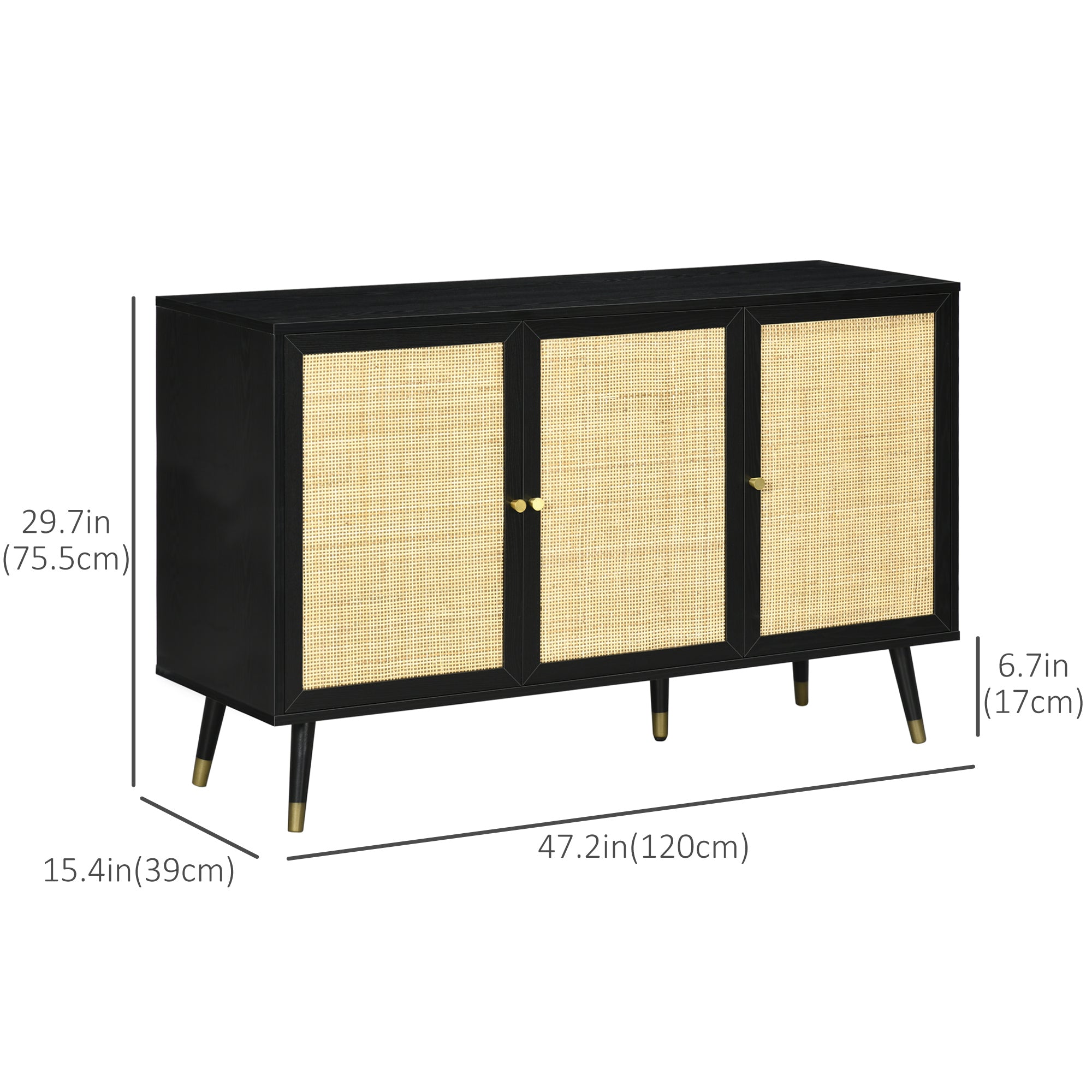 HOMCOM Sideboard Buffet Cabinet, Boho Kitchen Storage Cabinet with Shelves, Wood Legs, Decorative Rattan Doors, Black