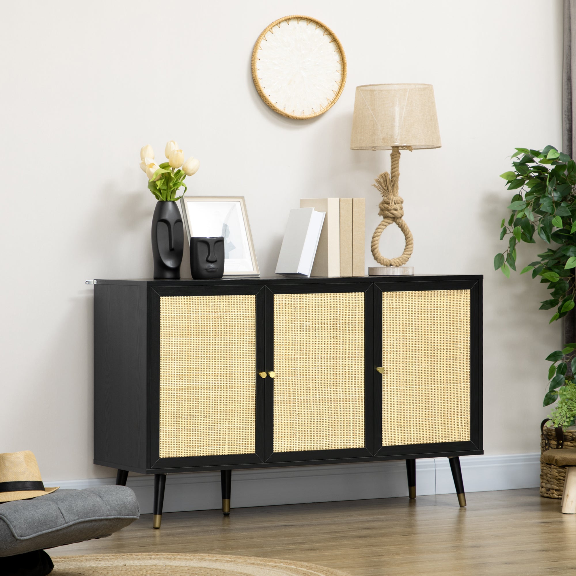 HOMCOM Sideboard Buffet Cabinet, Boho Kitchen Storage Cabinet with Shelves, Wood Legs, Decorative Rattan Doors, Black