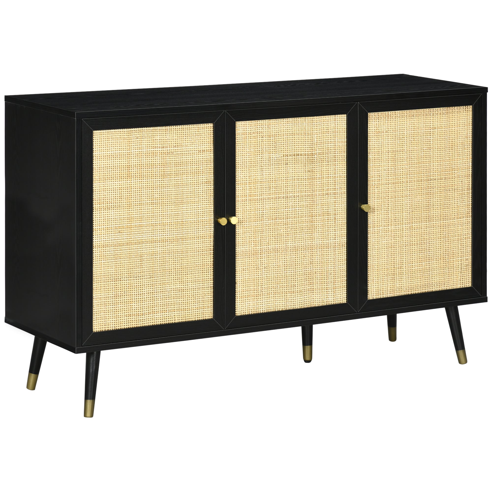 HOMCOM Sideboard Buffet Cabinet, Boho Kitchen Storage Cabinet with Shelves, Wood Legs, Decorative Rattan Doors, Black