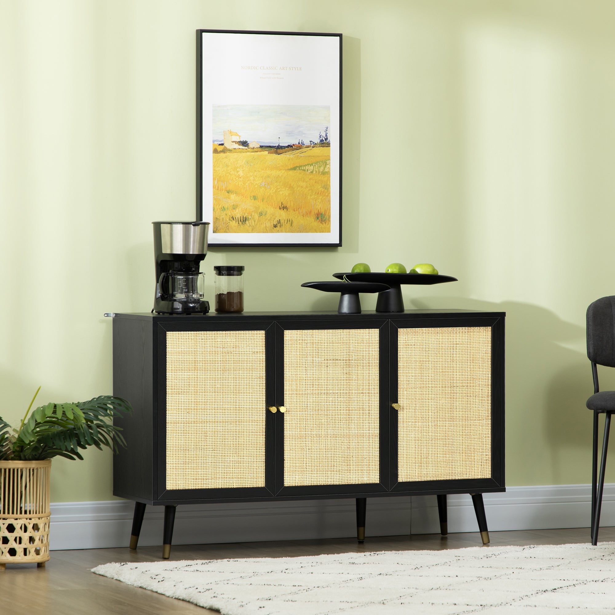 HOMCOM Sideboard Buffet Cabinet, Boho Kitchen Storage Cabinet with Shelves, Wood Legs, Decorative Rattan Doors, Black