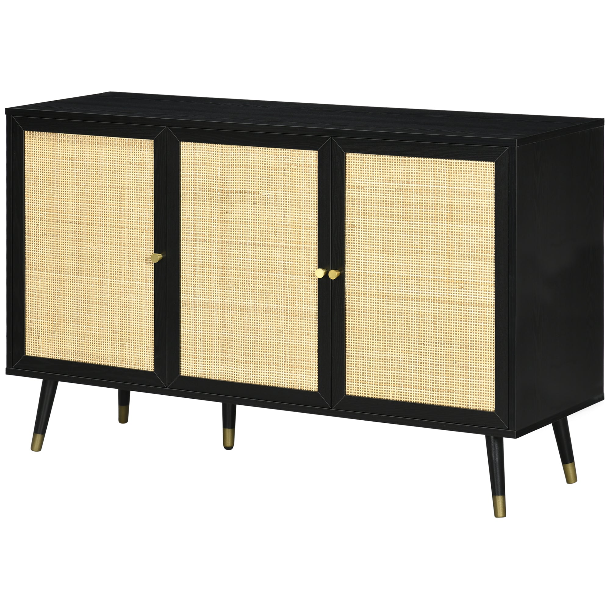 HOMCOM Sideboard Buffet Cabinet, Boho Kitchen Storage Cabinet with Shelves, Wood Legs, Decorative Rattan Doors, Black