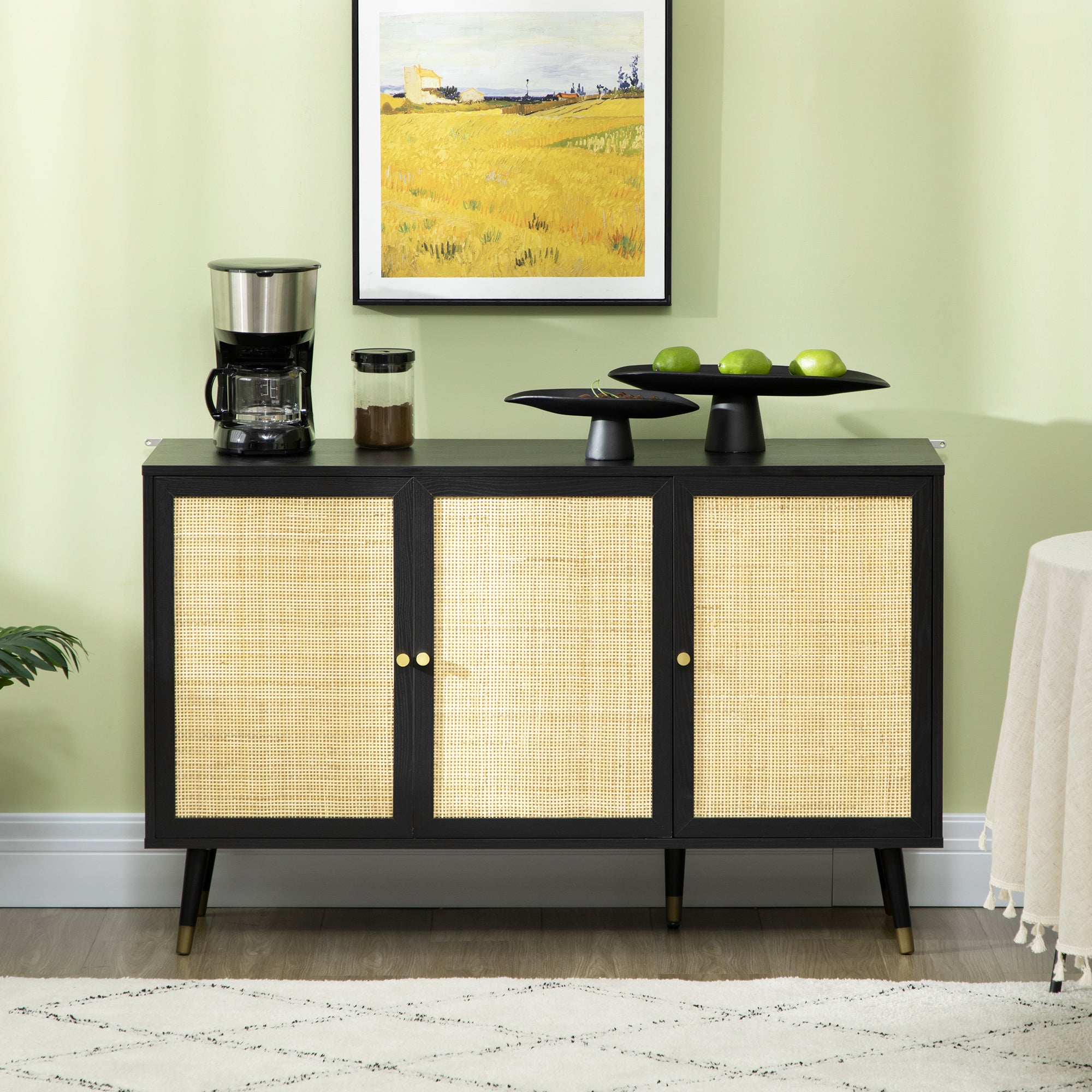 HOMCOM Sideboard Buffet Cabinet, Boho Kitchen Storage Cabinet with Shelves, Wood Legs, Decorative Rattan Doors, Black