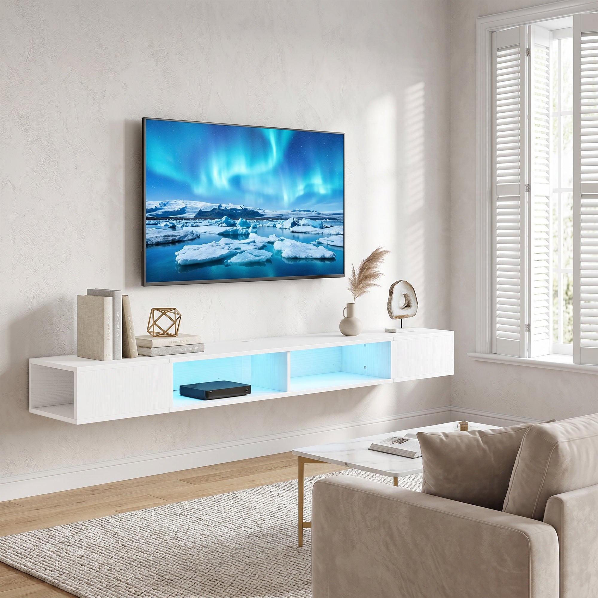 TV Stand for TVs up to 75 Inch, Modern Entertainment Center with RGB LED Lights, Floating Wall-Mounted Media Console with Open Shelves for Living Room, White Wood Grain