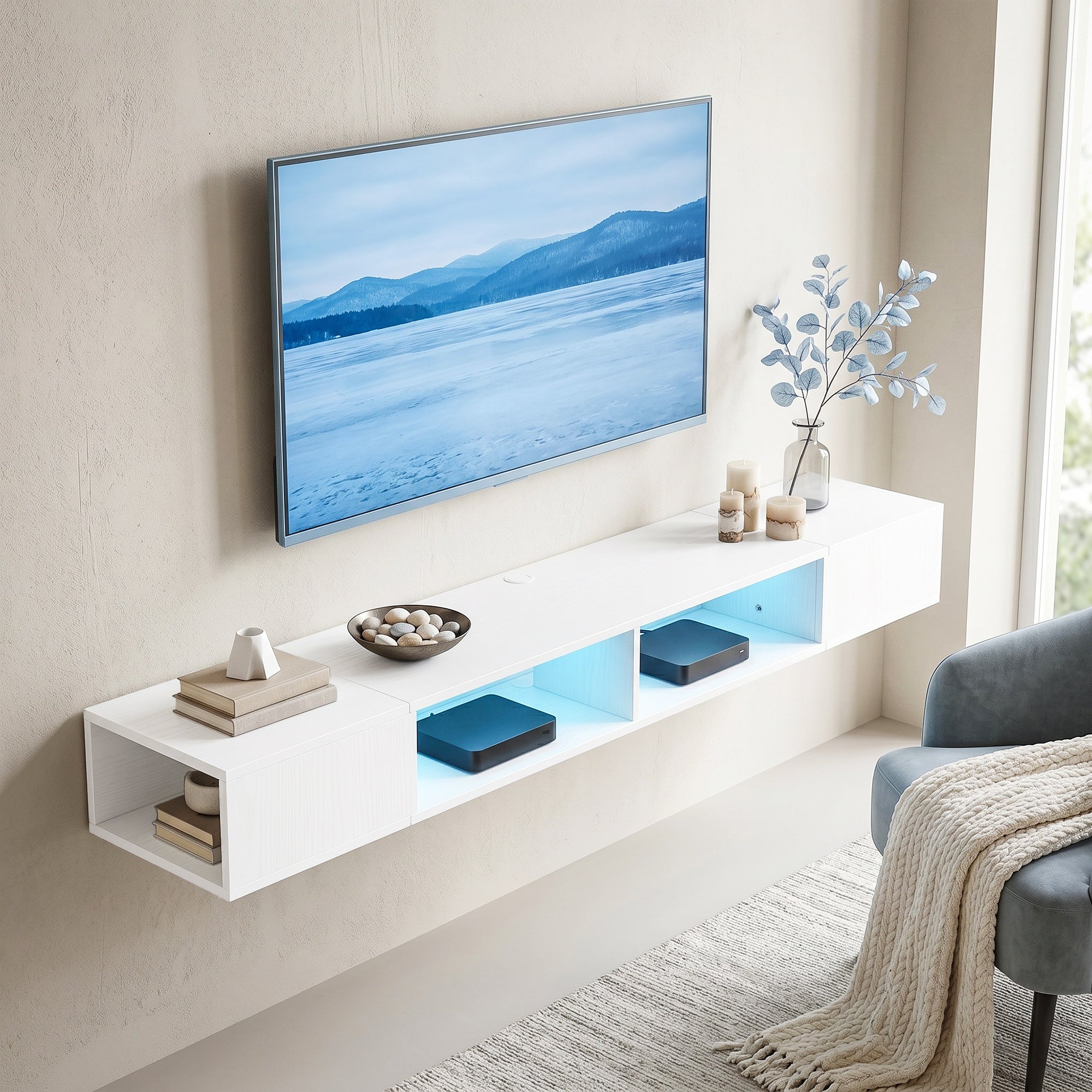 TV Stand for TVs up to 75 Inch, Modern Entertainment Center with RGB LED Lights, Floating Wall-Mounted Media Console with Open Shelves for Living Room, White Wood Grain