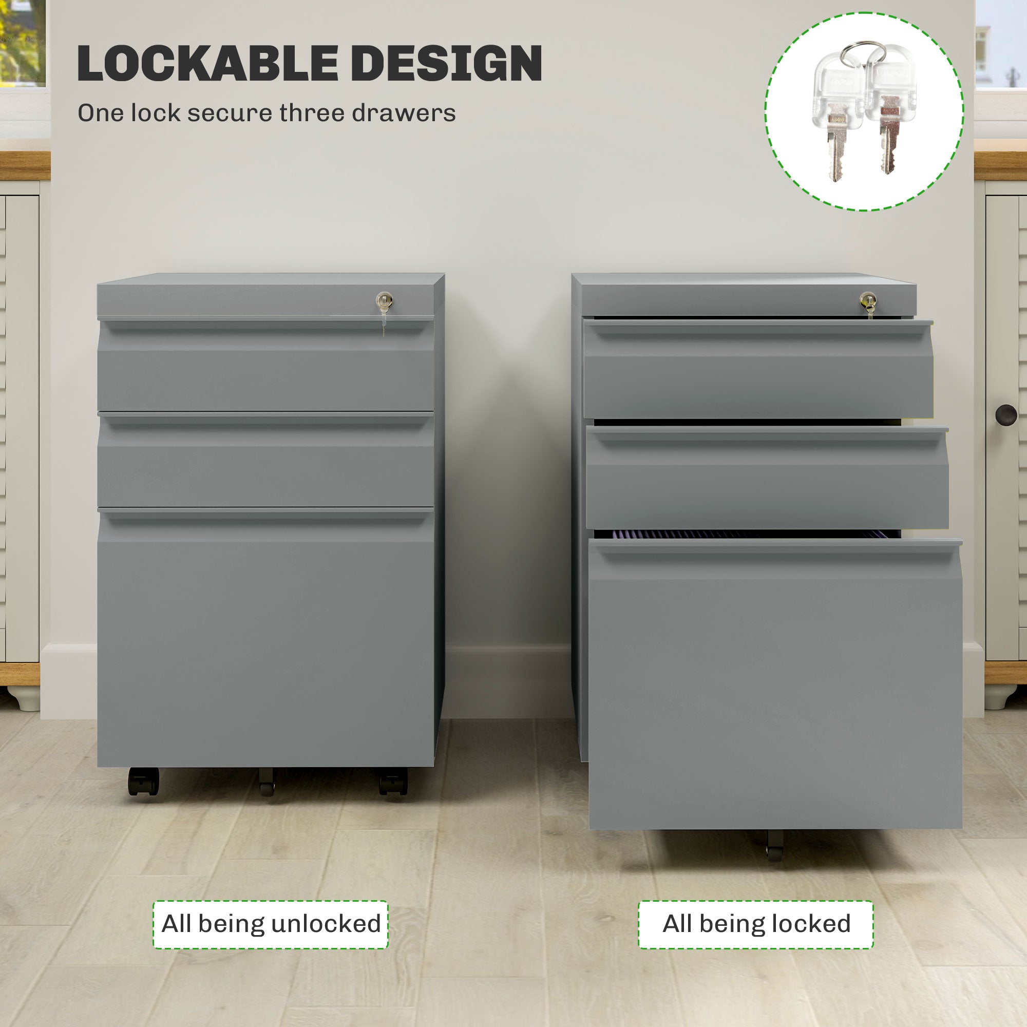 Vinsetto Mobile Vertical File Cabinet Lockable Metal Filling Cabinet with 3 Drawers Anti-tilt Design for Letter A4 Legal Size Fully Assembled Except Casters Grey