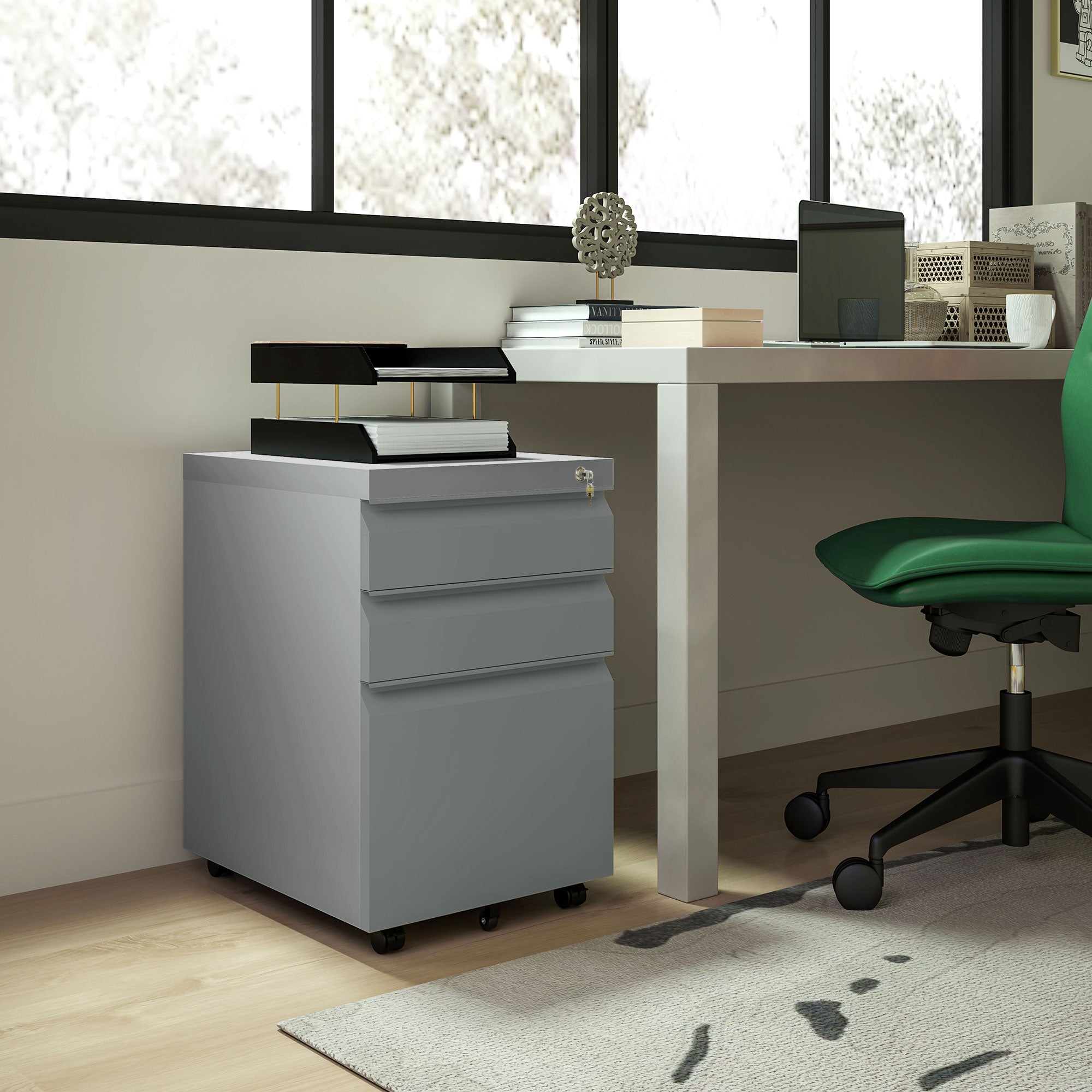 Vinsetto Mobile Vertical File Cabinet Lockable Metal Filling Cabinet with 3 Drawers Anti-tilt Design for Letter A4 Legal Size Fully Assembled Except Casters Grey