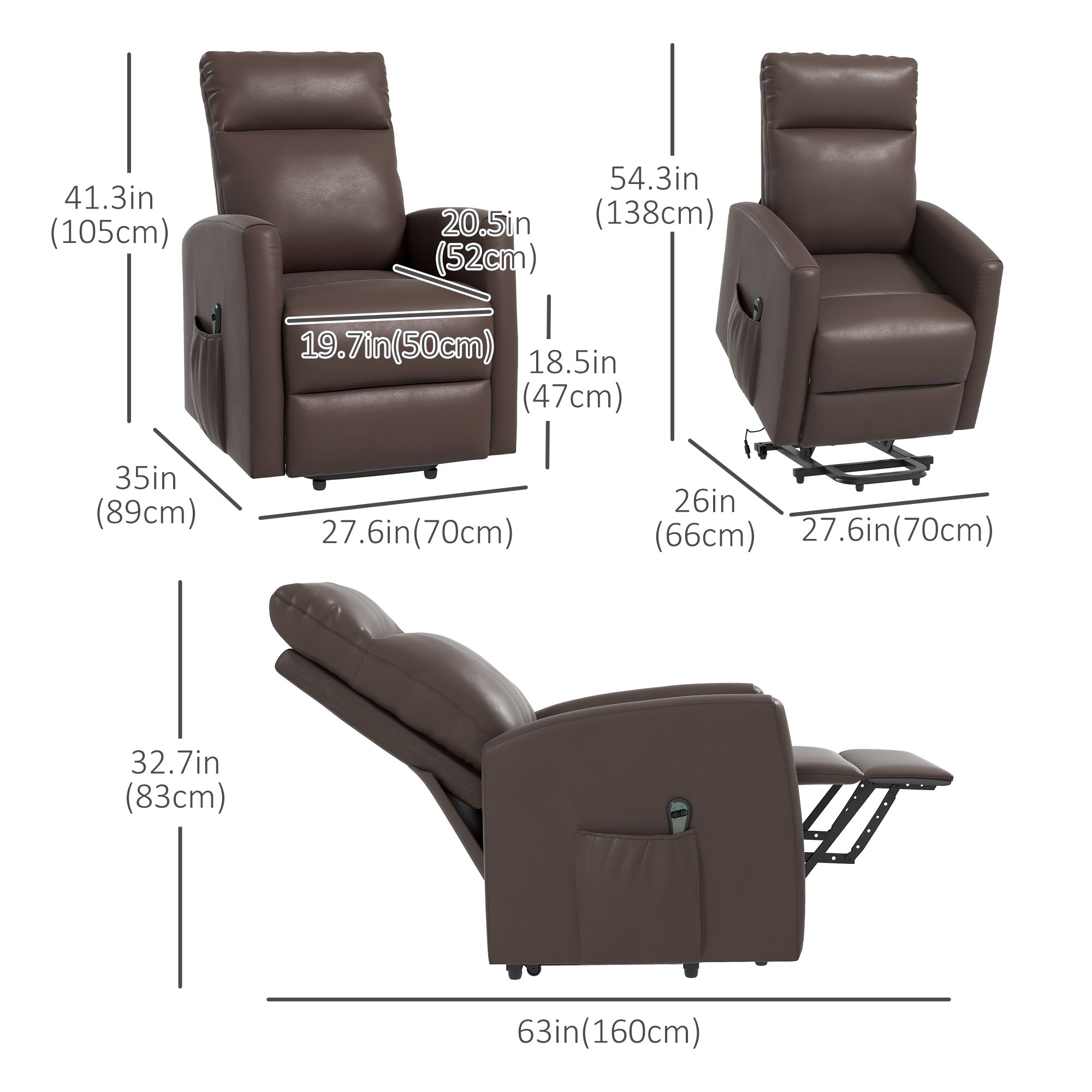 HOMCOM Electric Power Lift Chair for Elderly, PU Leather Power Reclining Chair for Living Room with Remote Control, Side Pocket, Brown