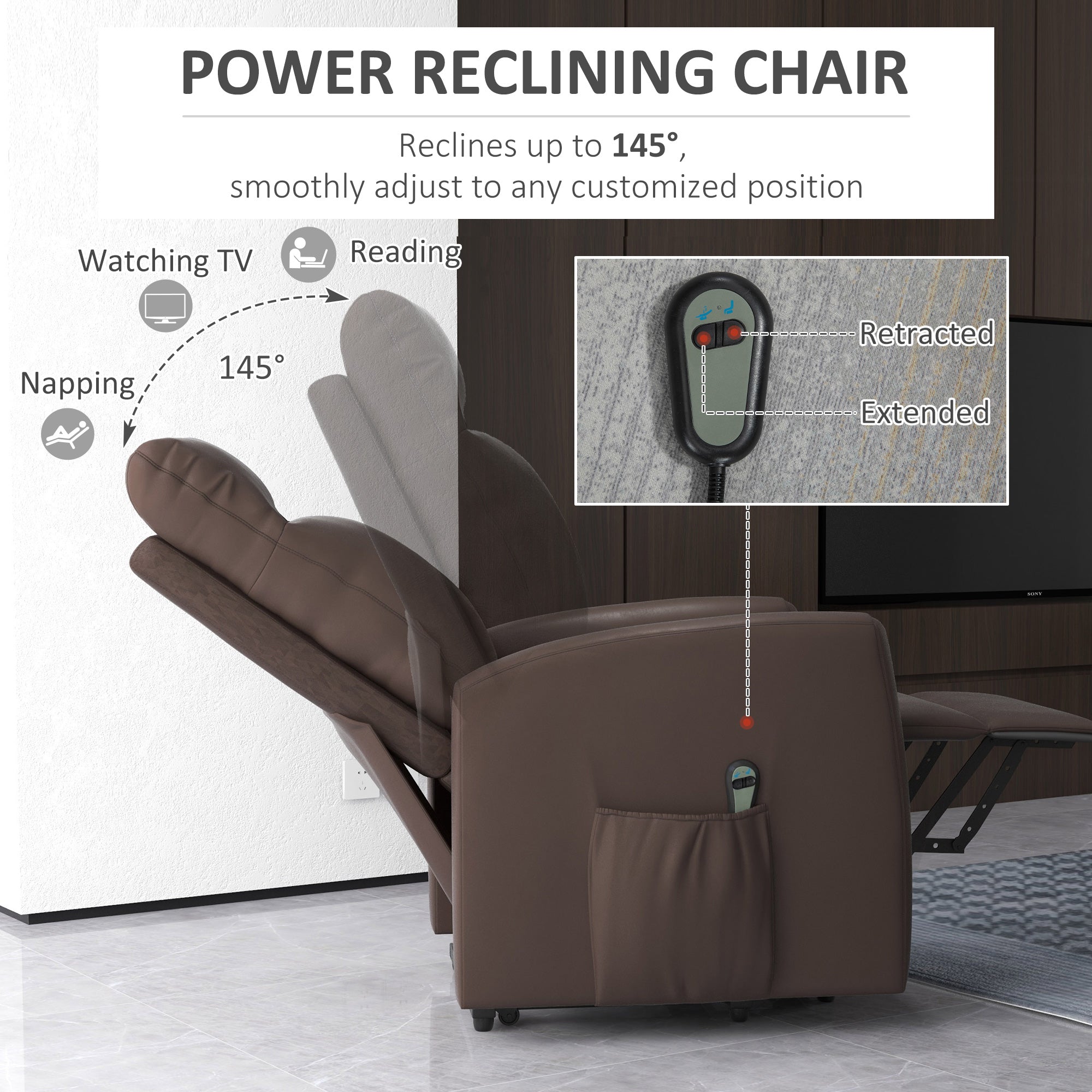 HOMCOM Electric Power Lift Chair for Elderly, PU Leather Power Reclining Chair for Living Room with Remote Control, Side Pocket, Brown