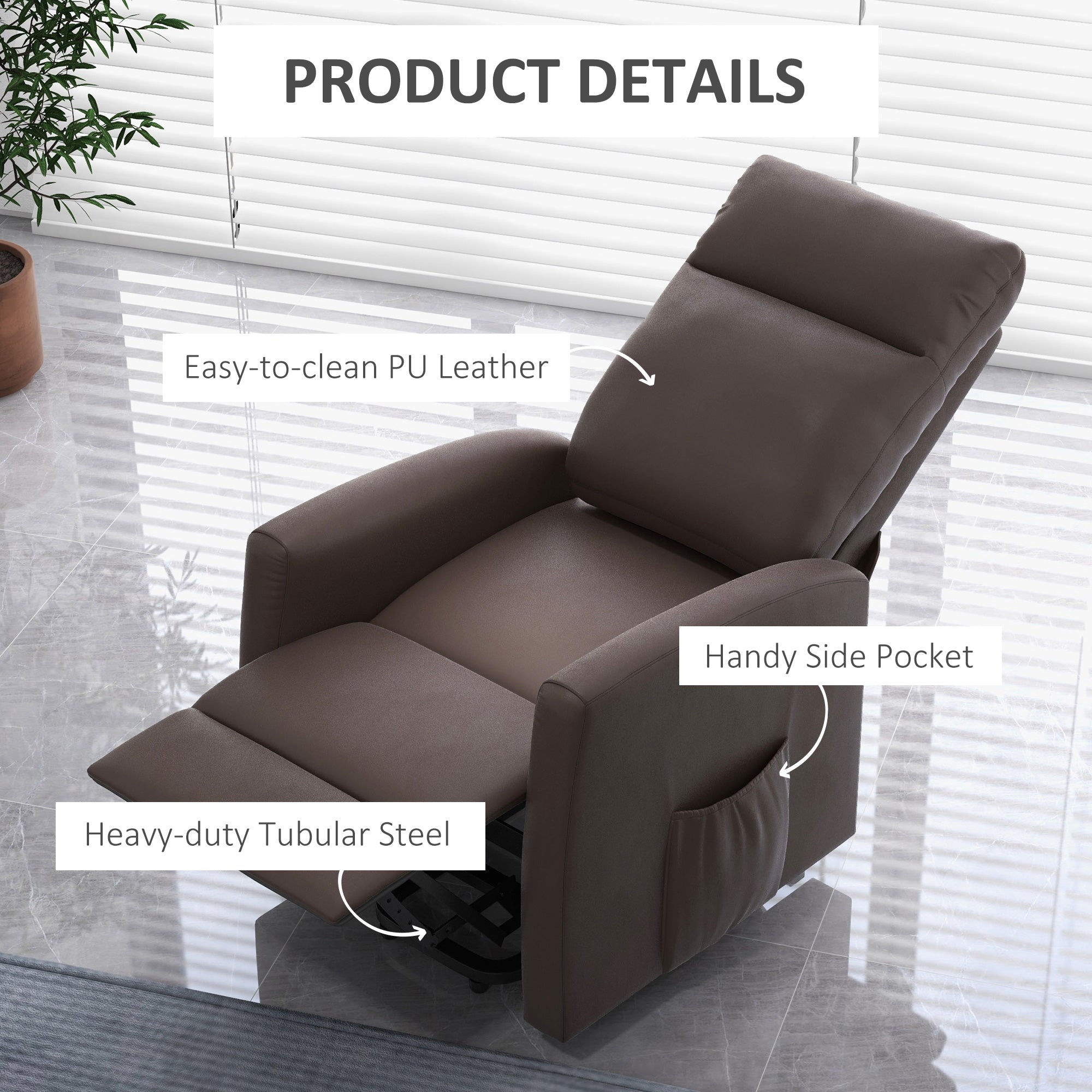 HOMCOM Electric Power Lift Chair for Elderly, PU Leather Power Reclining Chair for Living Room with Remote Control, Side Pocket, Brown